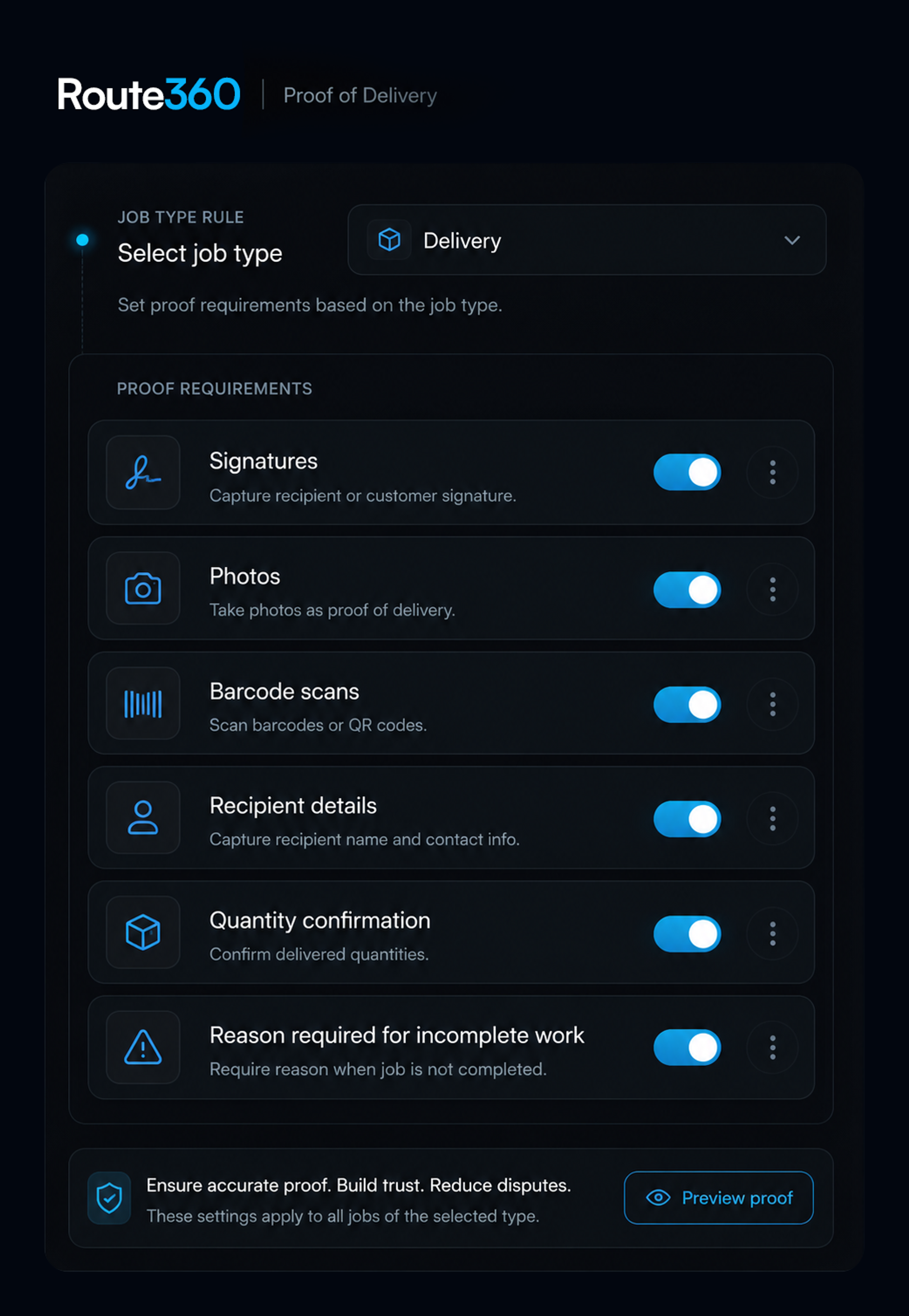 Configure proof requirements panel: six toggles and the job-type rule selector. Portrait, 9:13 crop.