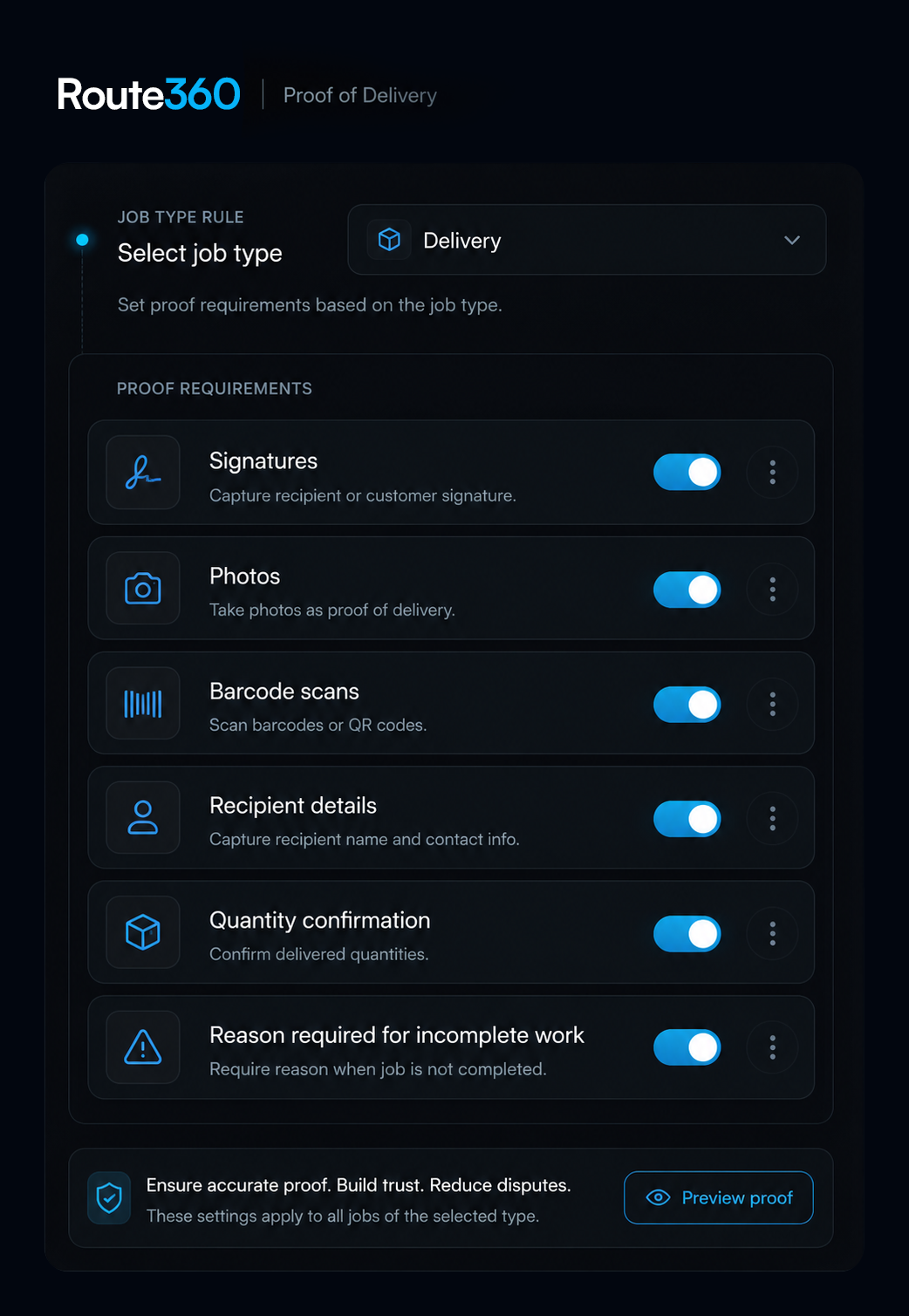 Configure proof requirements panel: six toggles and the job-type rule selector. Portrait, 9:13 crop.