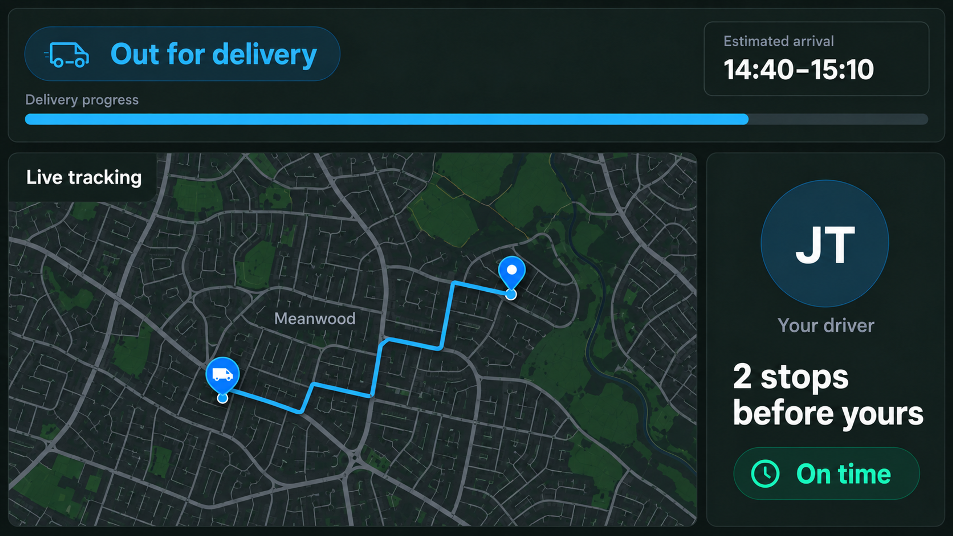 Customer tracking view on a handset: live map, ETA and delivery status.