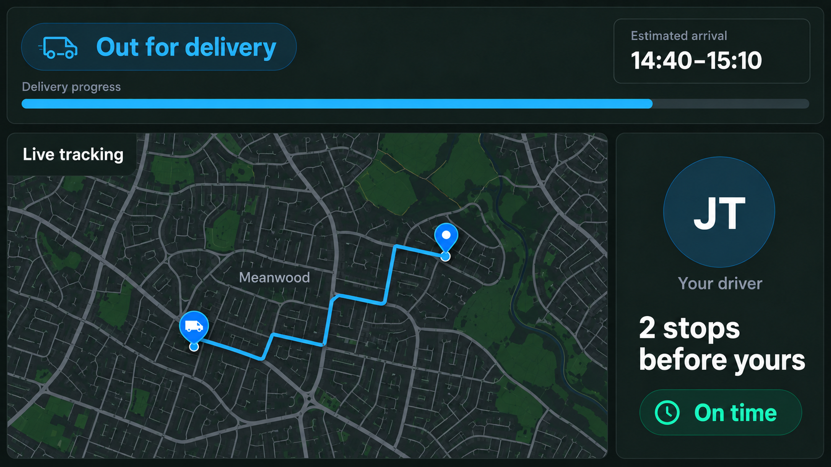 Customer tracking view on a handset: live map, ETA and delivery status.