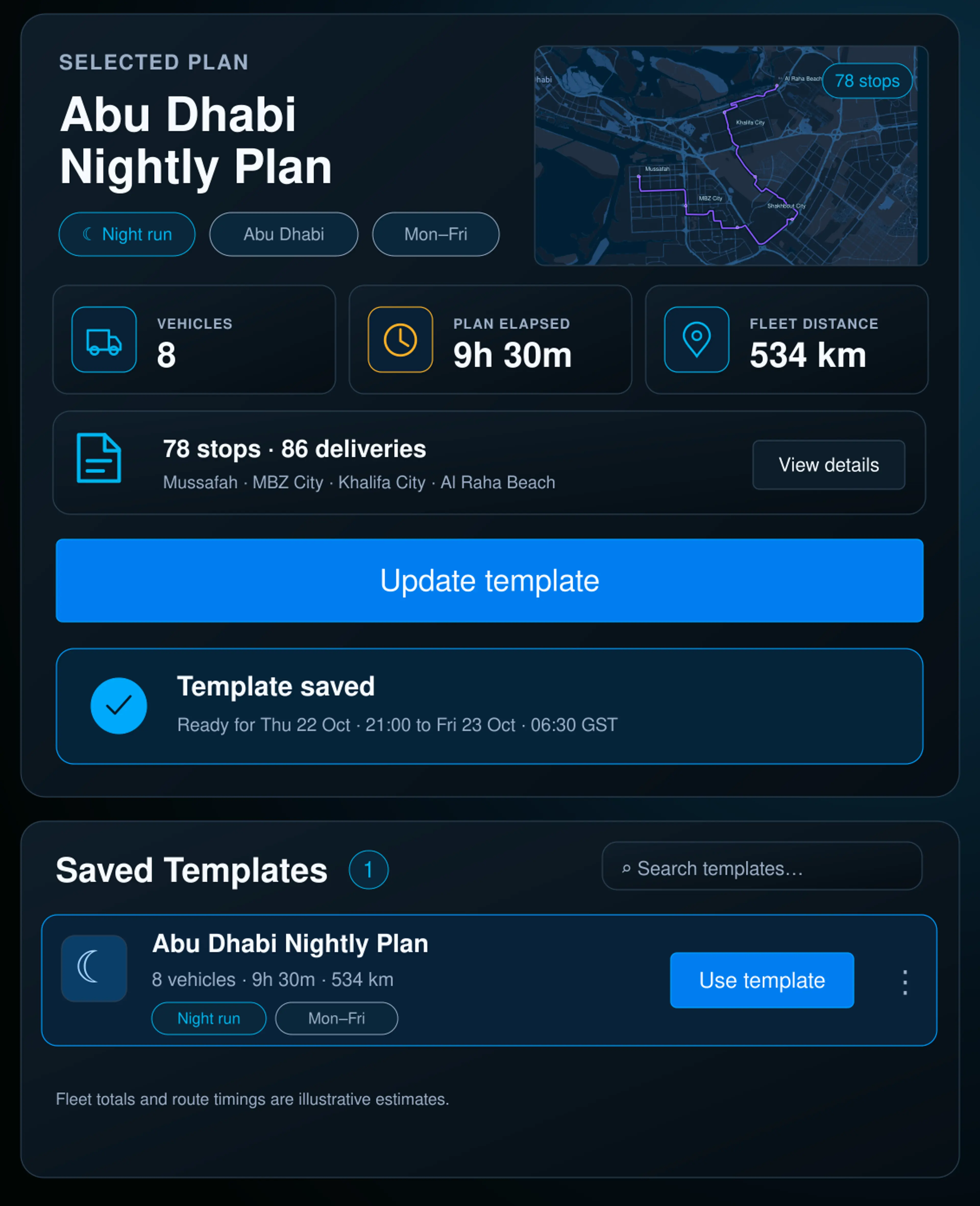 Save as template action on a finished plan. 4:3, dark UI.