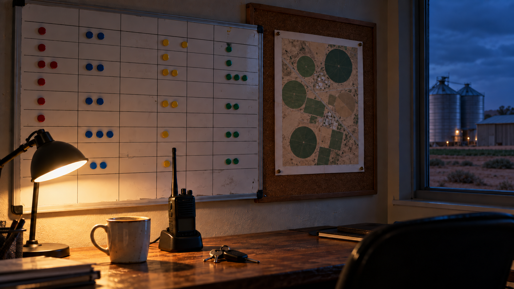 Editorial image: a planning board in a farm office. No text in the artwork.