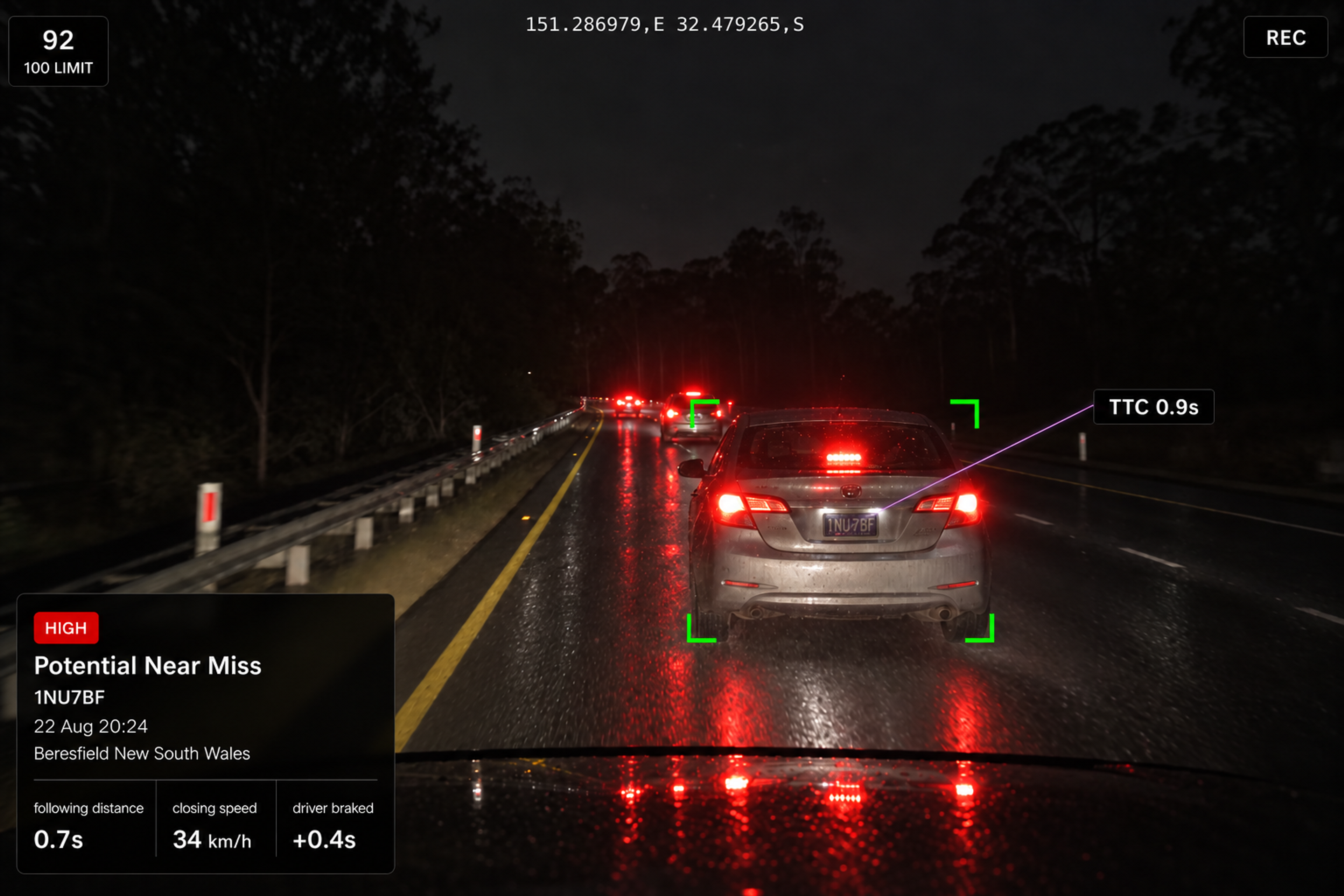 Vision360 near-miss event review: the potential near-miss header, road-facing video with the lead vehicle boxed and an estimated time to collision overlay, the event summary with confidence, the key metrics list, and the ten seconds before and after strip. 4:3, dark UI, 2000x1500.