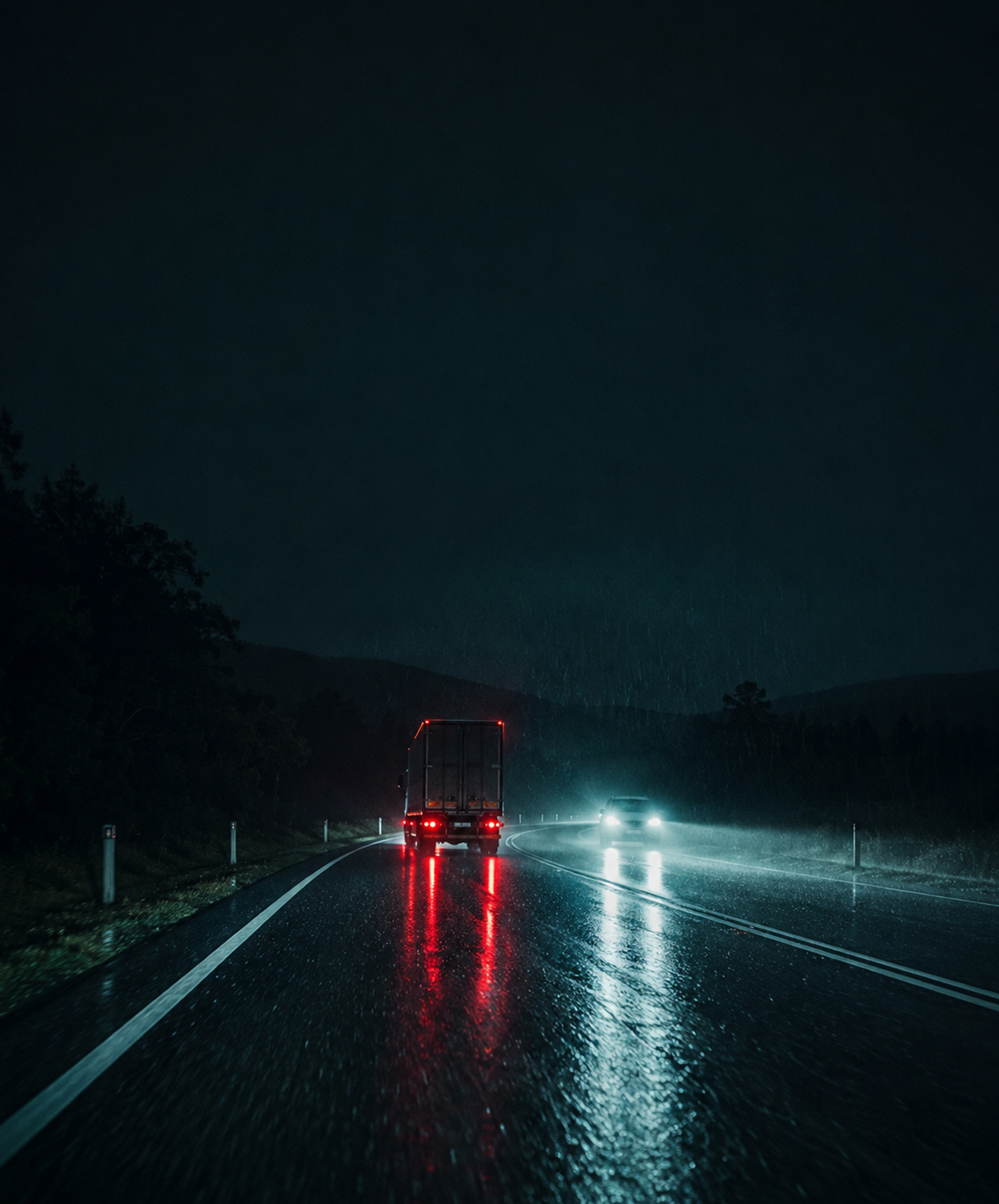 Photograph: a wet road at night with vehicle lights. Dark and cool, room at the top, no text in the artwork.