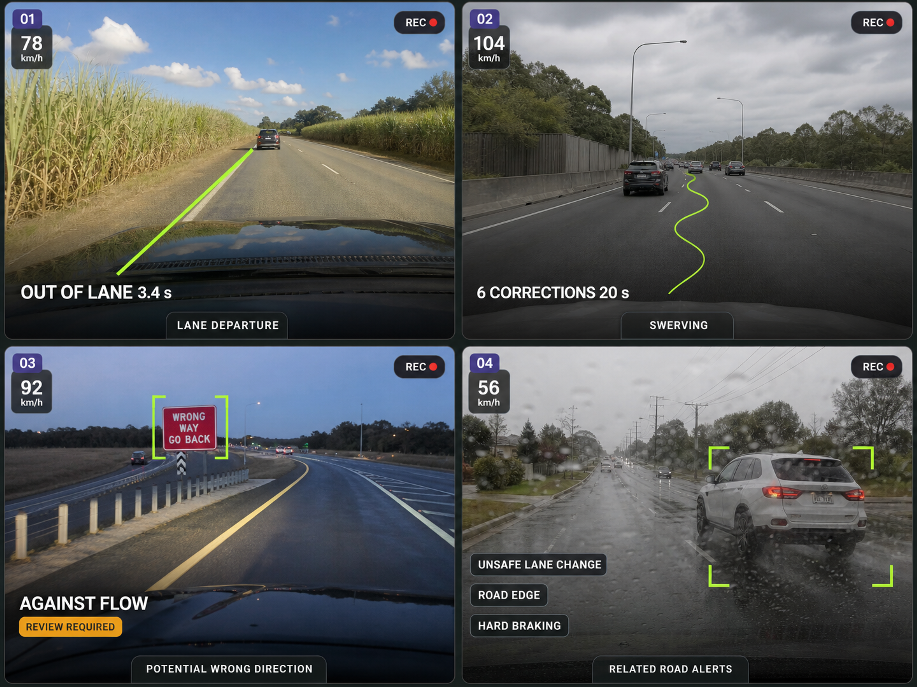 The four event types as road-facing camera stills: a vehicle crossing a lane line, a weaving path traced over a lane, a vehicle travelling against the flow, and a cluster of related road alerts. 4:3, dark UI.