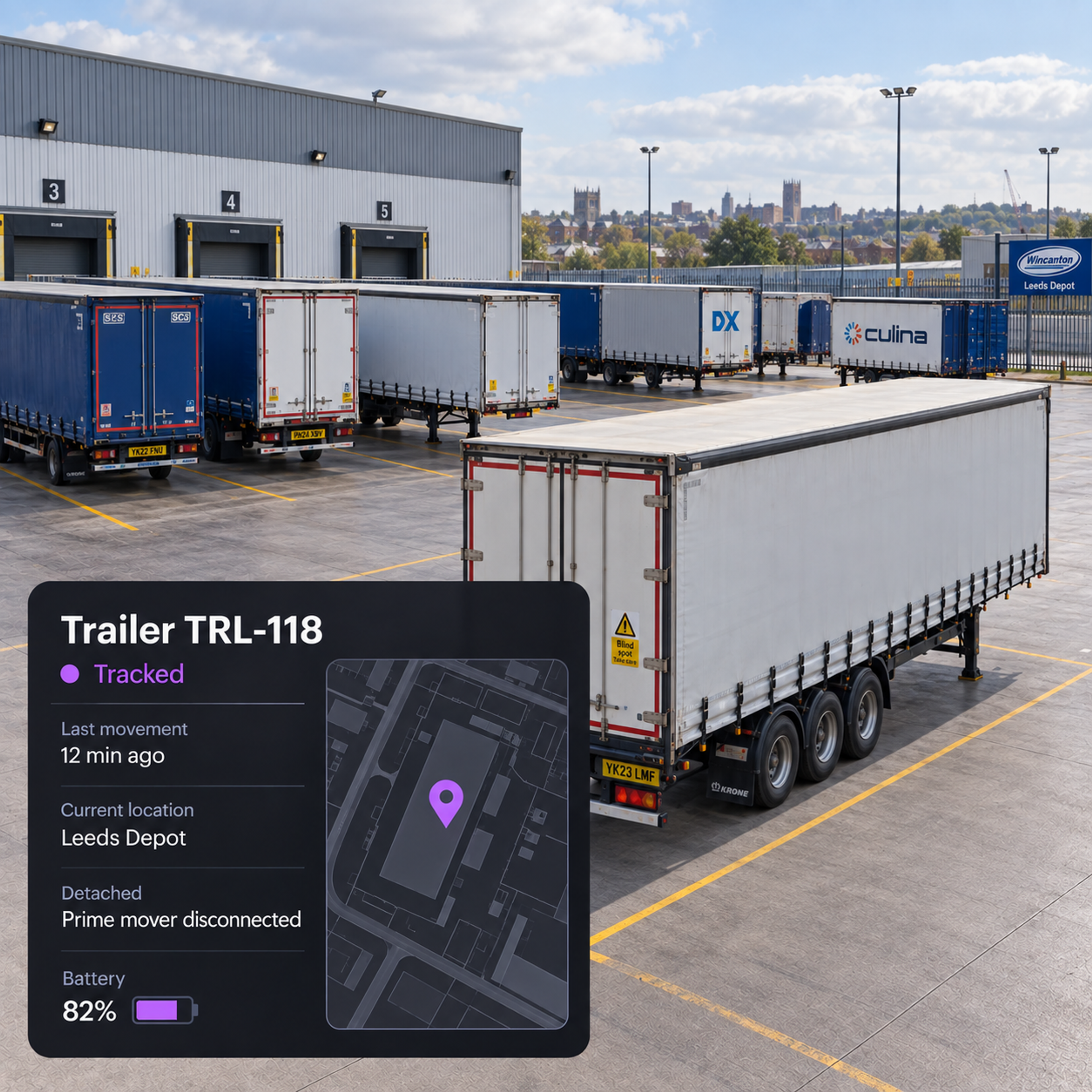 Photograph: a row of trailers in a distribution yard at first light. Portrait 3:4, dark and cool, room at the top for a heading, no text in the artwork.