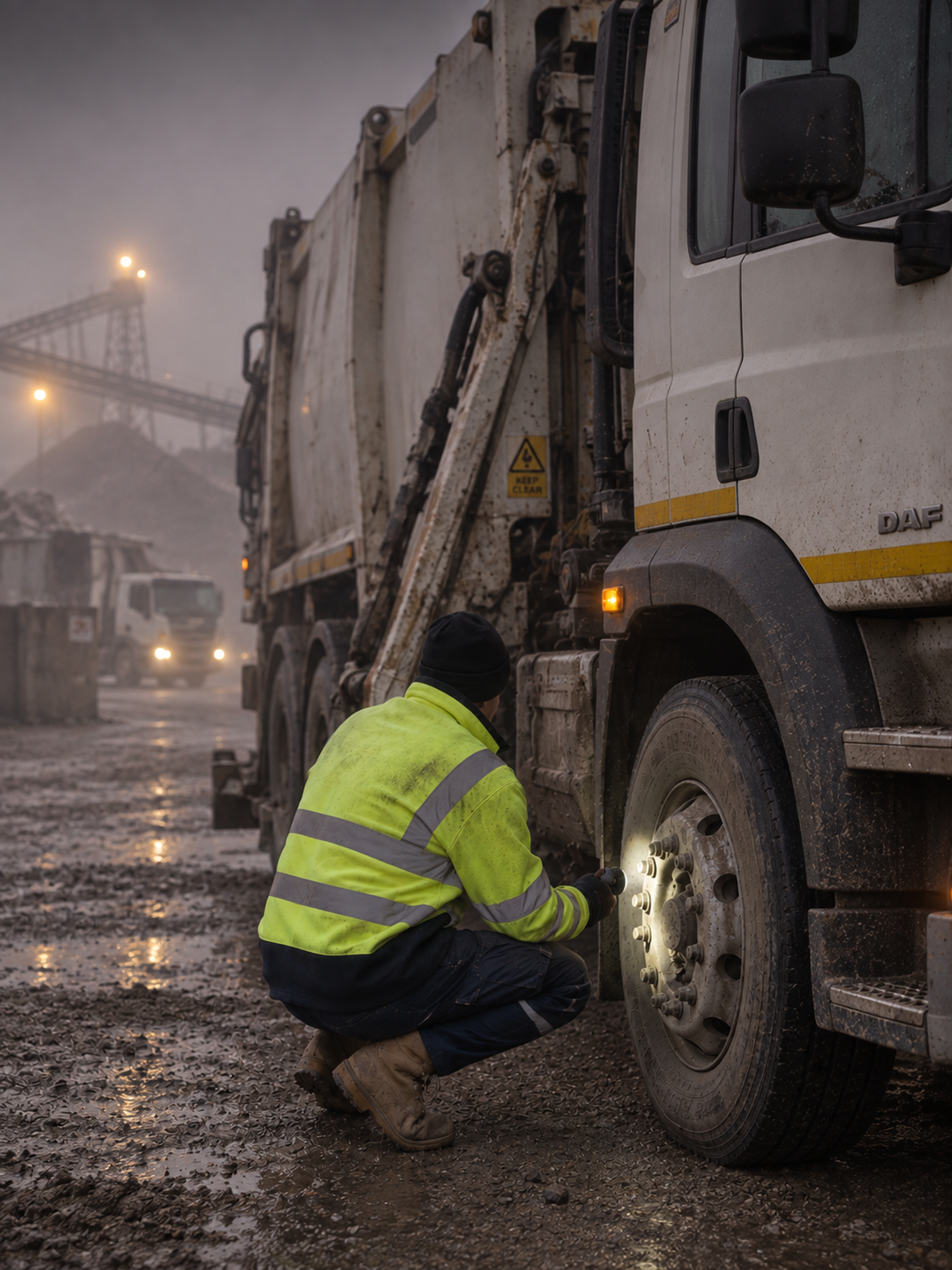 Photograph: a driver completing a pre-start check beside the vehicle at dawn. Dark and cool, room at the top, no text in the artwork.