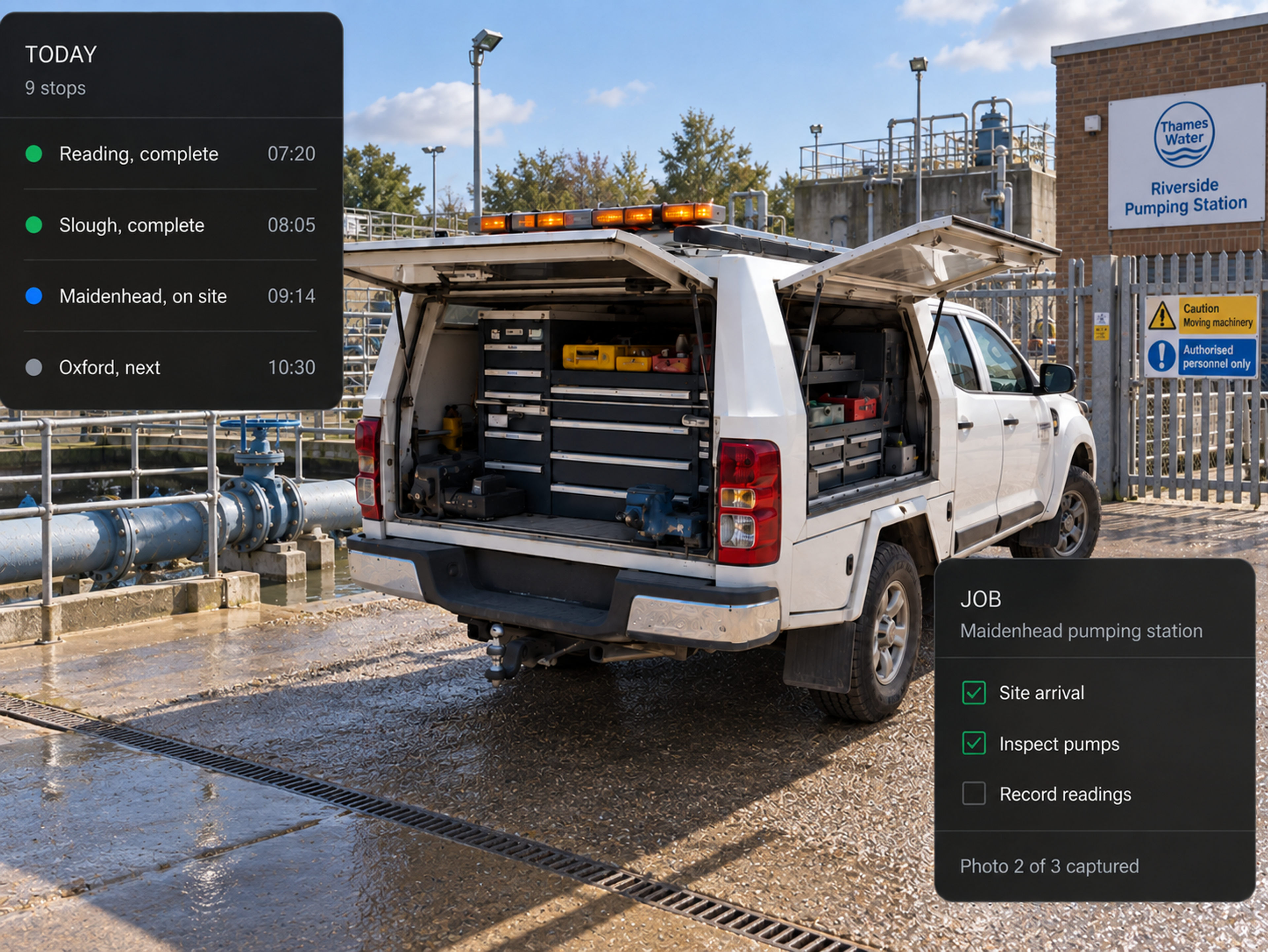 Driver app on a handset: the day's stop list with status, beside an open job showing its checklist and proof capture.
