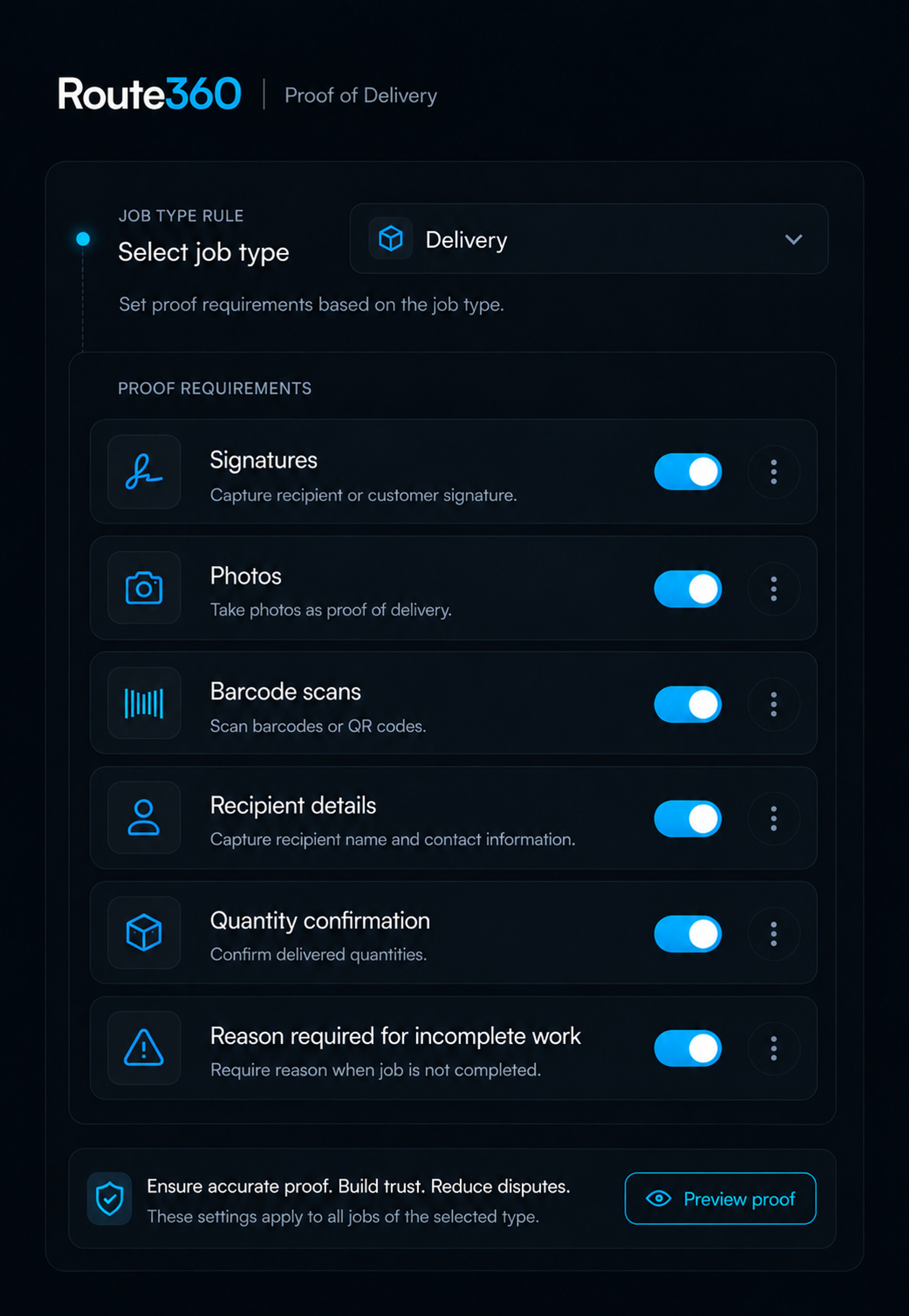 Configure proof requirements panel: six toggles and the job-type rule selector. Portrait, 9:13 crop.