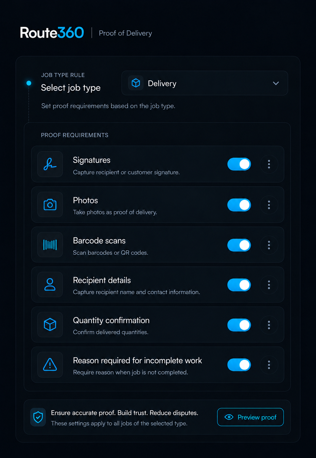 Configure proof requirements panel: six toggles and the job-type rule selector. Portrait, 9:13 crop.