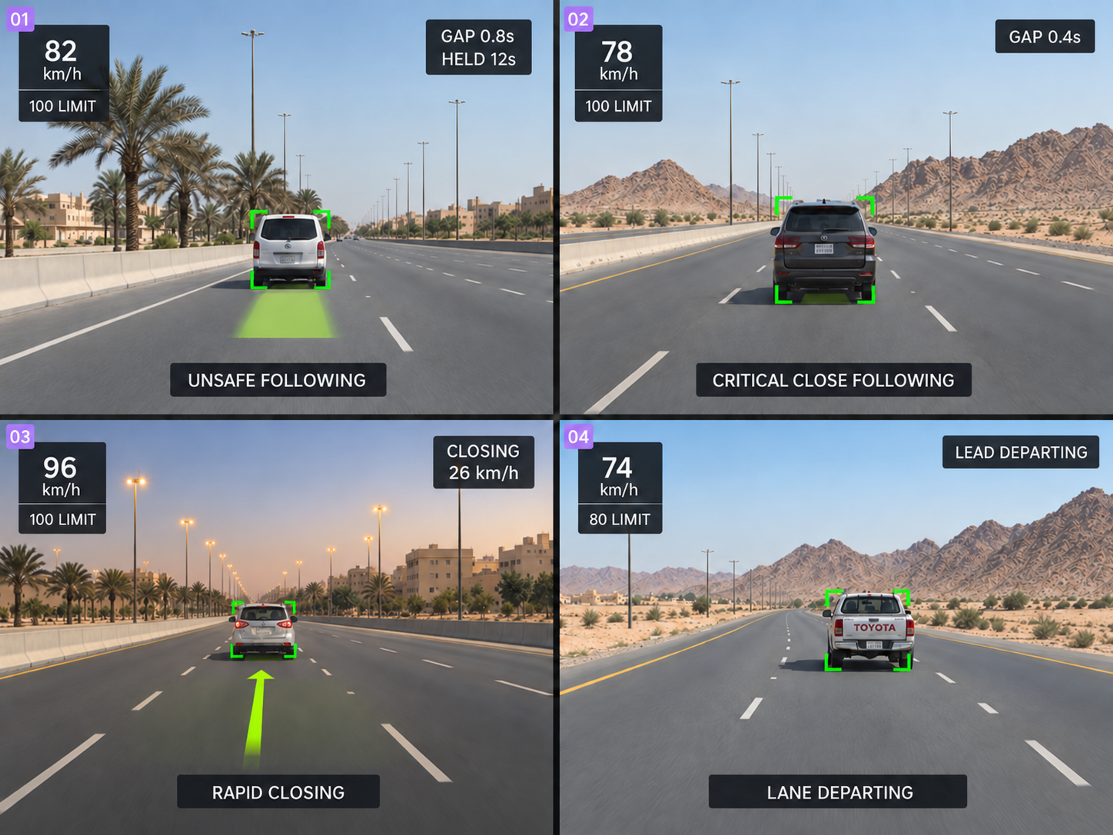The four following behaviours as road-facing camera stills with the lead vehicle boxed: sustained unsafe following, critical close following, rapid closing with a closing-rate arrow, and lead vehicle departure. 4:3, dark UI.