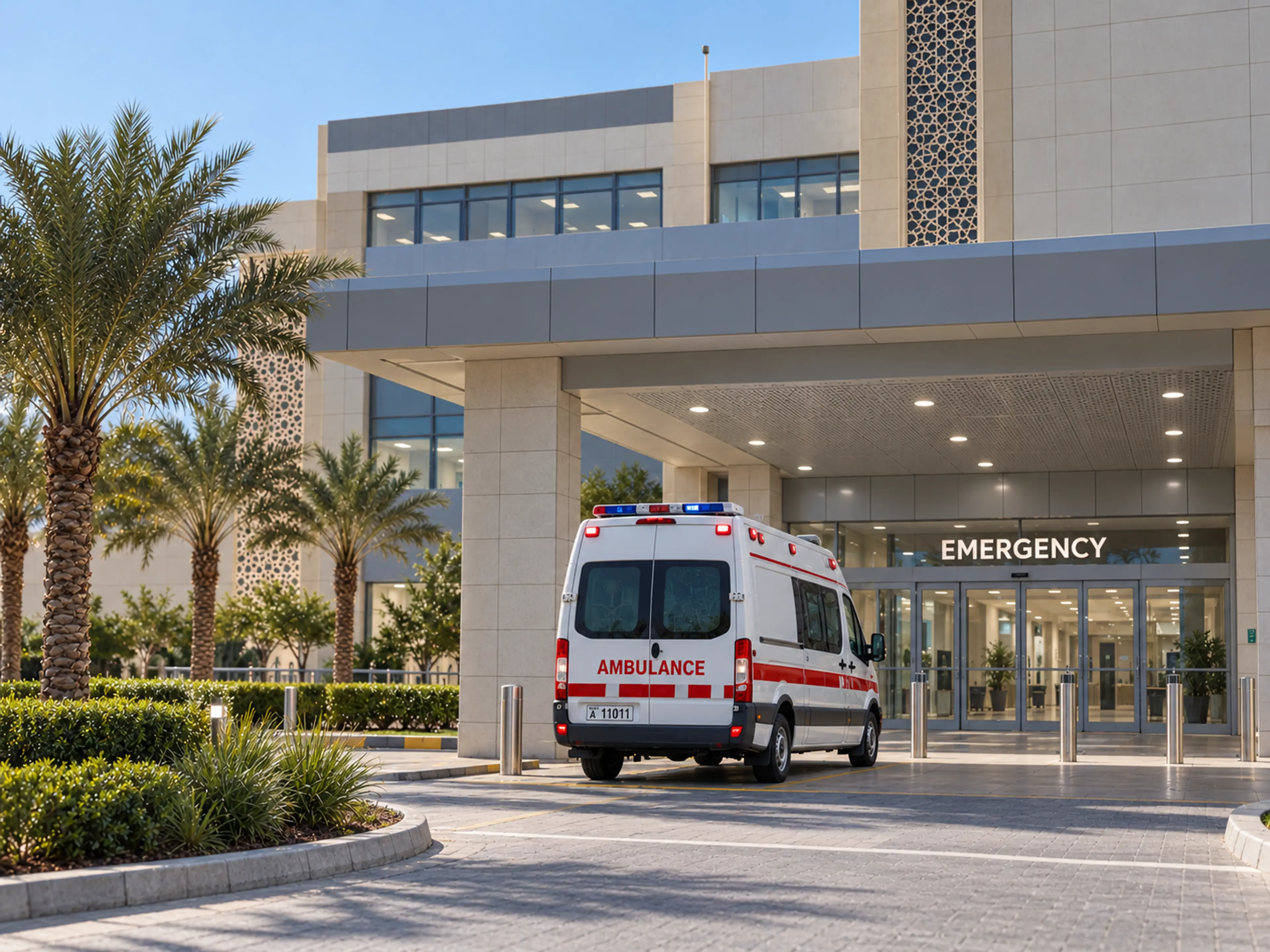 Photograph: a hospital service entrance at night, a vehicle at the bay. Dark and cool, no text in the artwork.