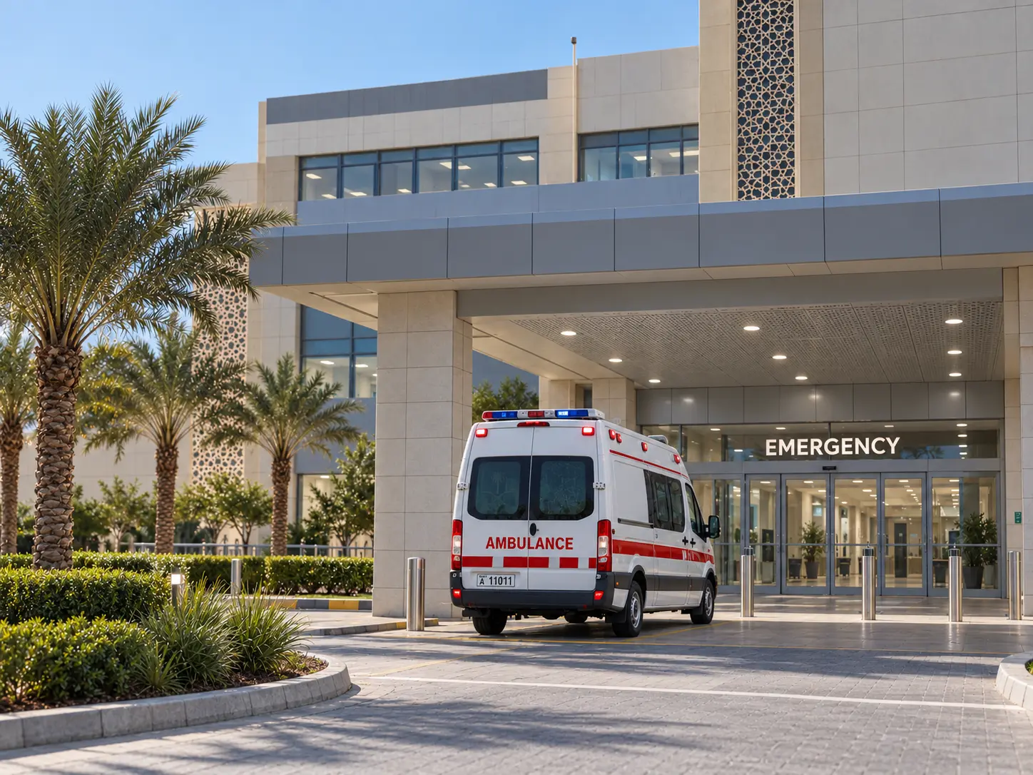 Photograph: a hospital service entrance at night, a vehicle at the bay. Dark and cool, no text in the artwork.