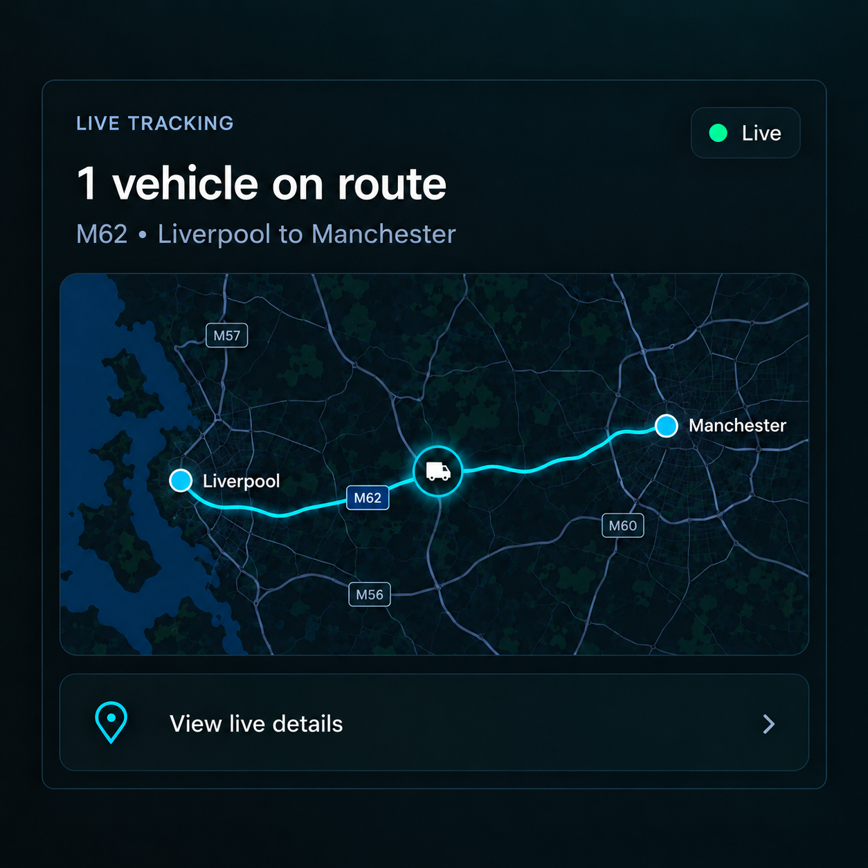 Live map with a tracked vehicle callout showing speed and status, beside the event feed.