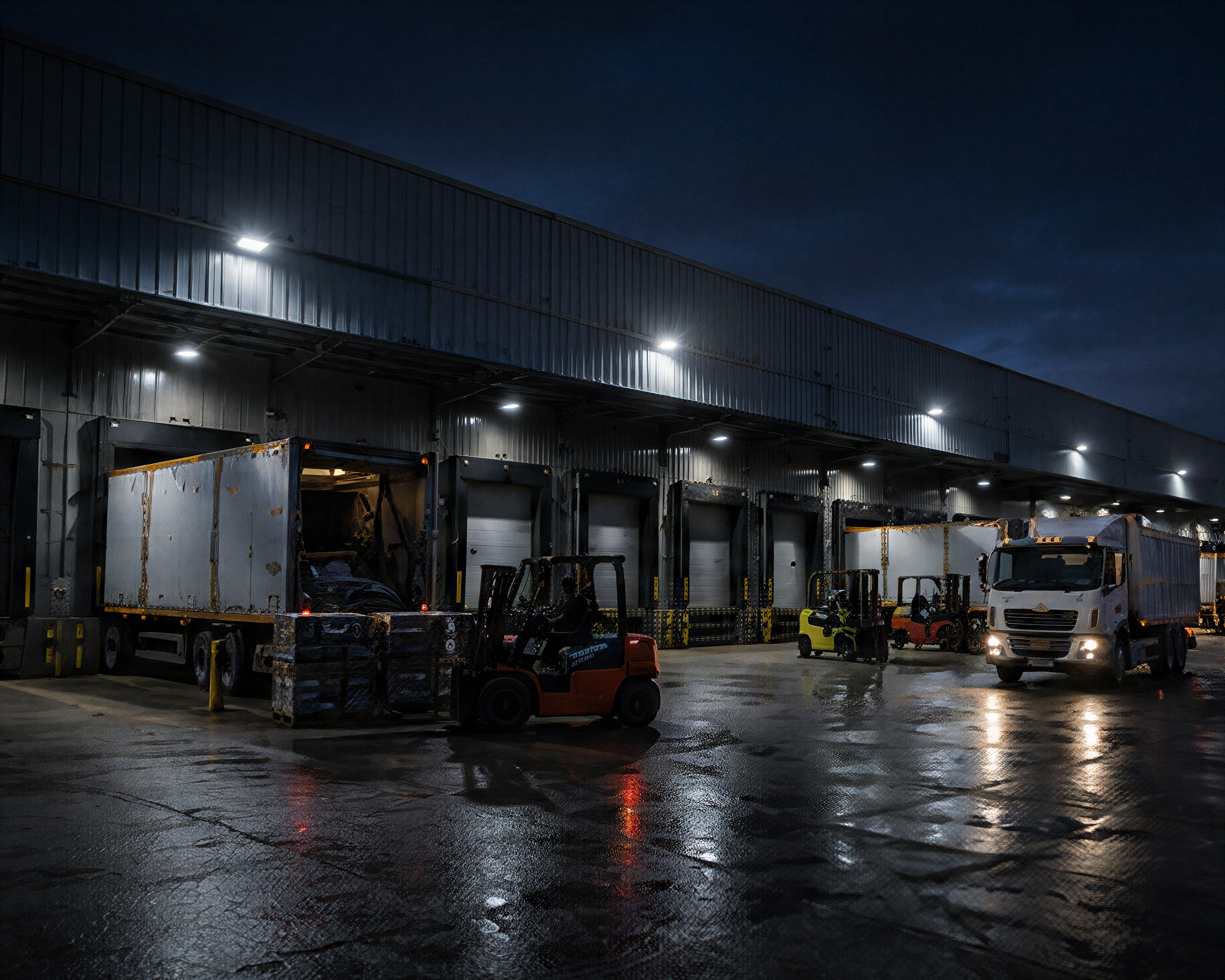 Photograph: a distribution centre dock at night, forklifts working under lights. Dark and cool, no text in the artwork.