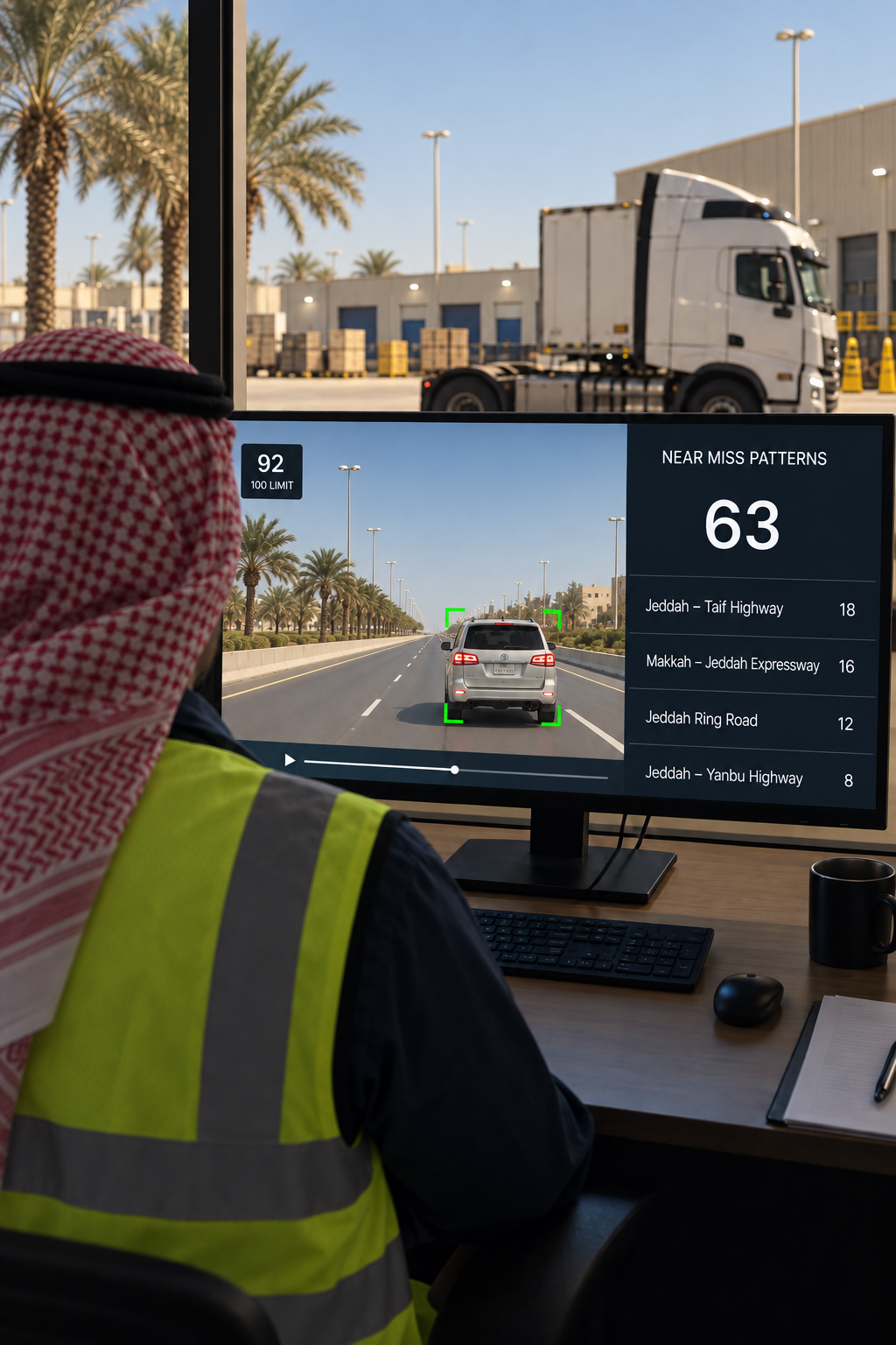 Photograph: a safety manager reviewing road-facing footage at a desk, screen content not legible. Portrait 3:4, dark and cool, room at the top for a heading, no text in the artwork.
