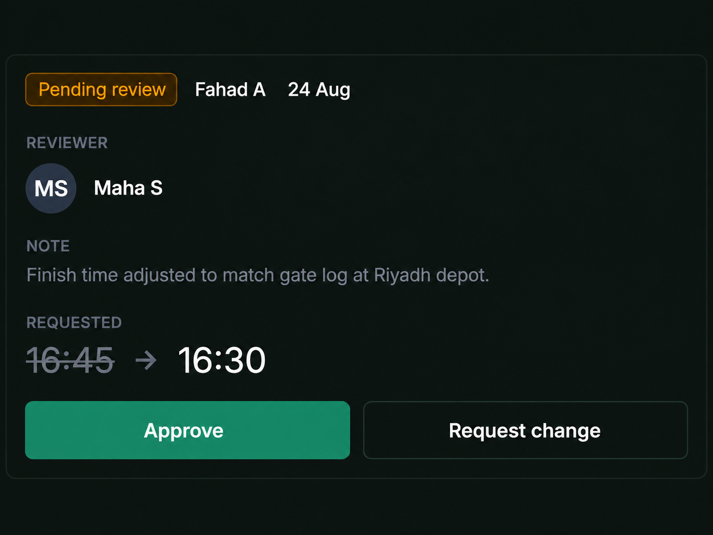 Drive360 approval panel: status, reviewer, notes and requested time
