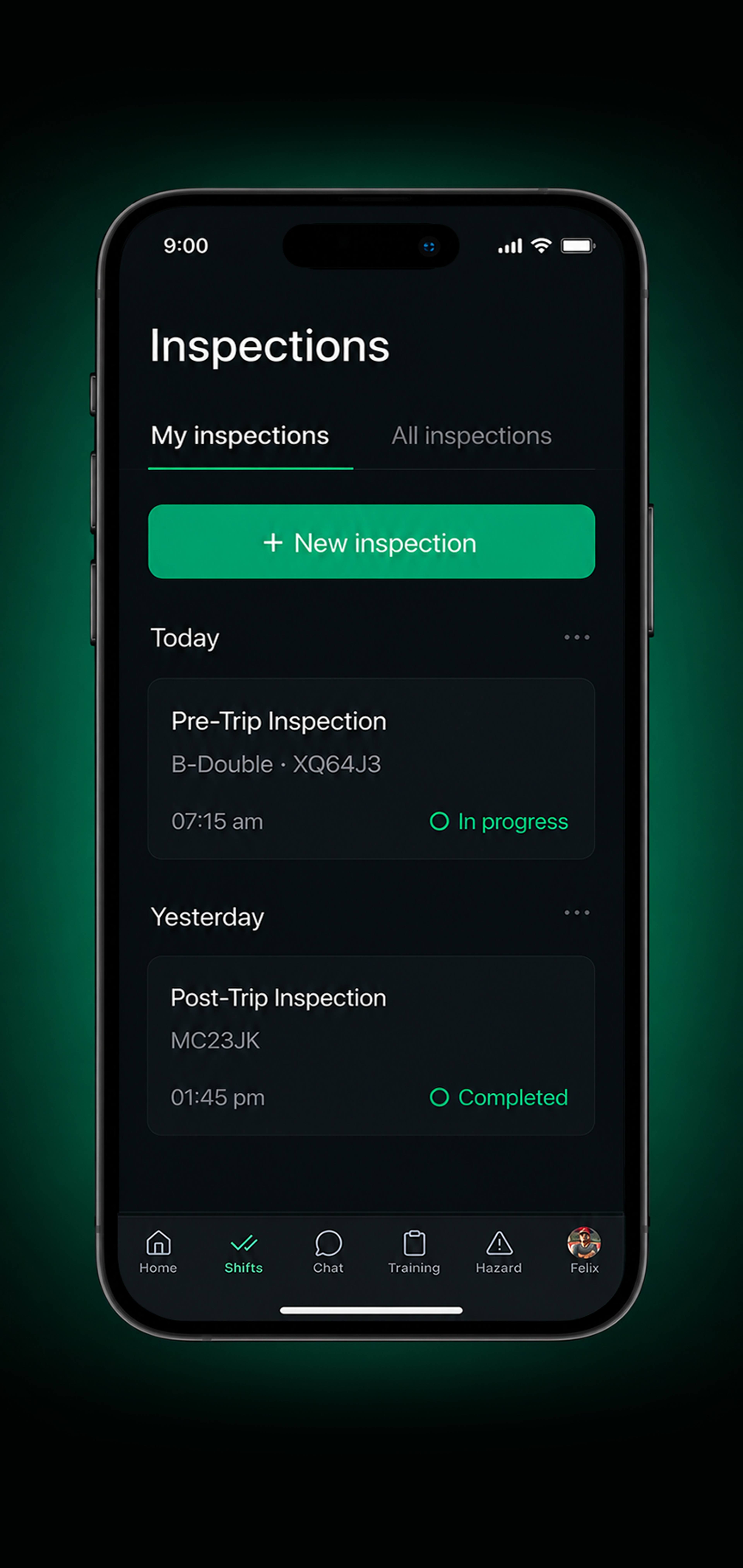 Drive360 app: my checks list with the pre-start inspection due now and a start check button