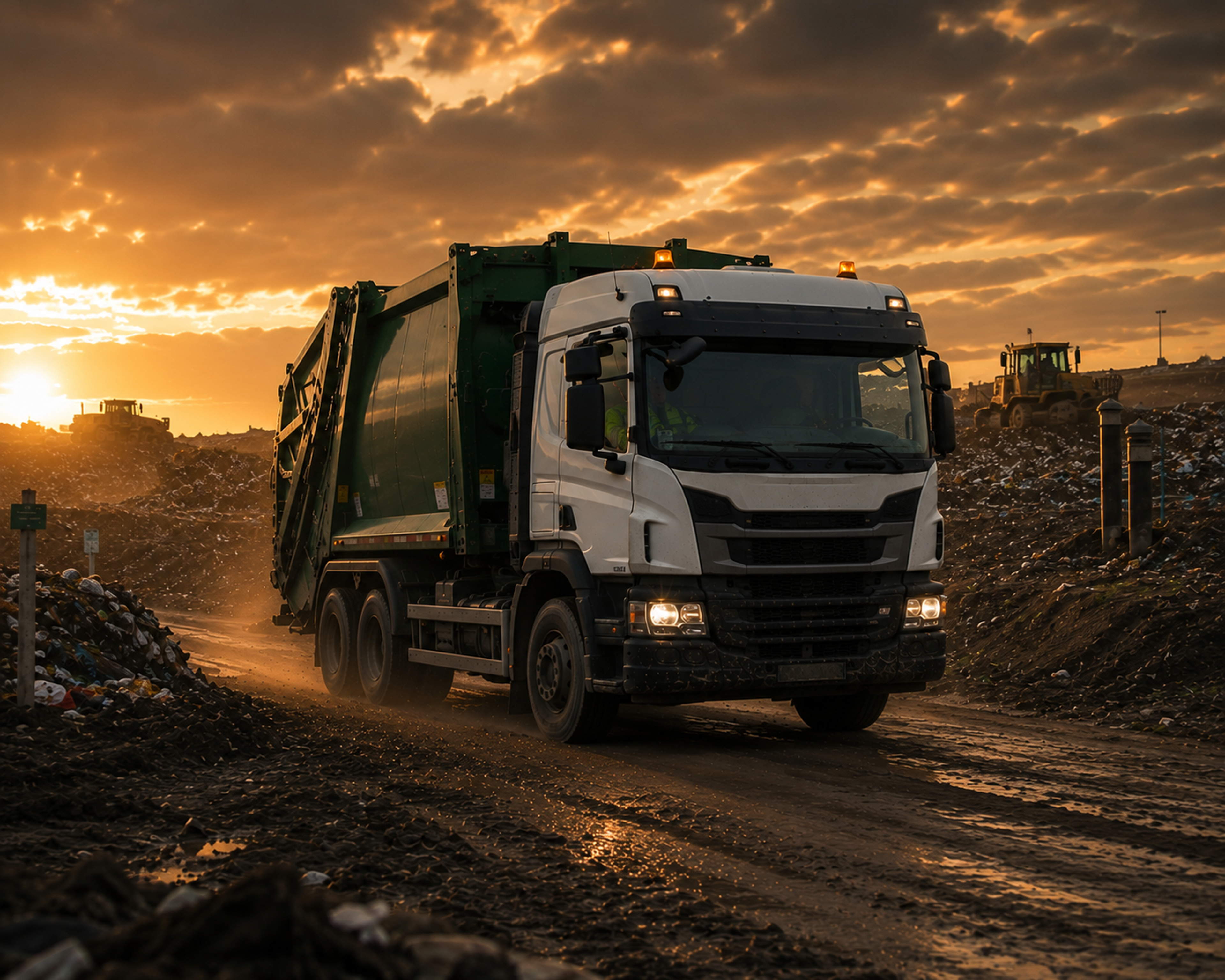 Refuse truck at a waste site at golden hour