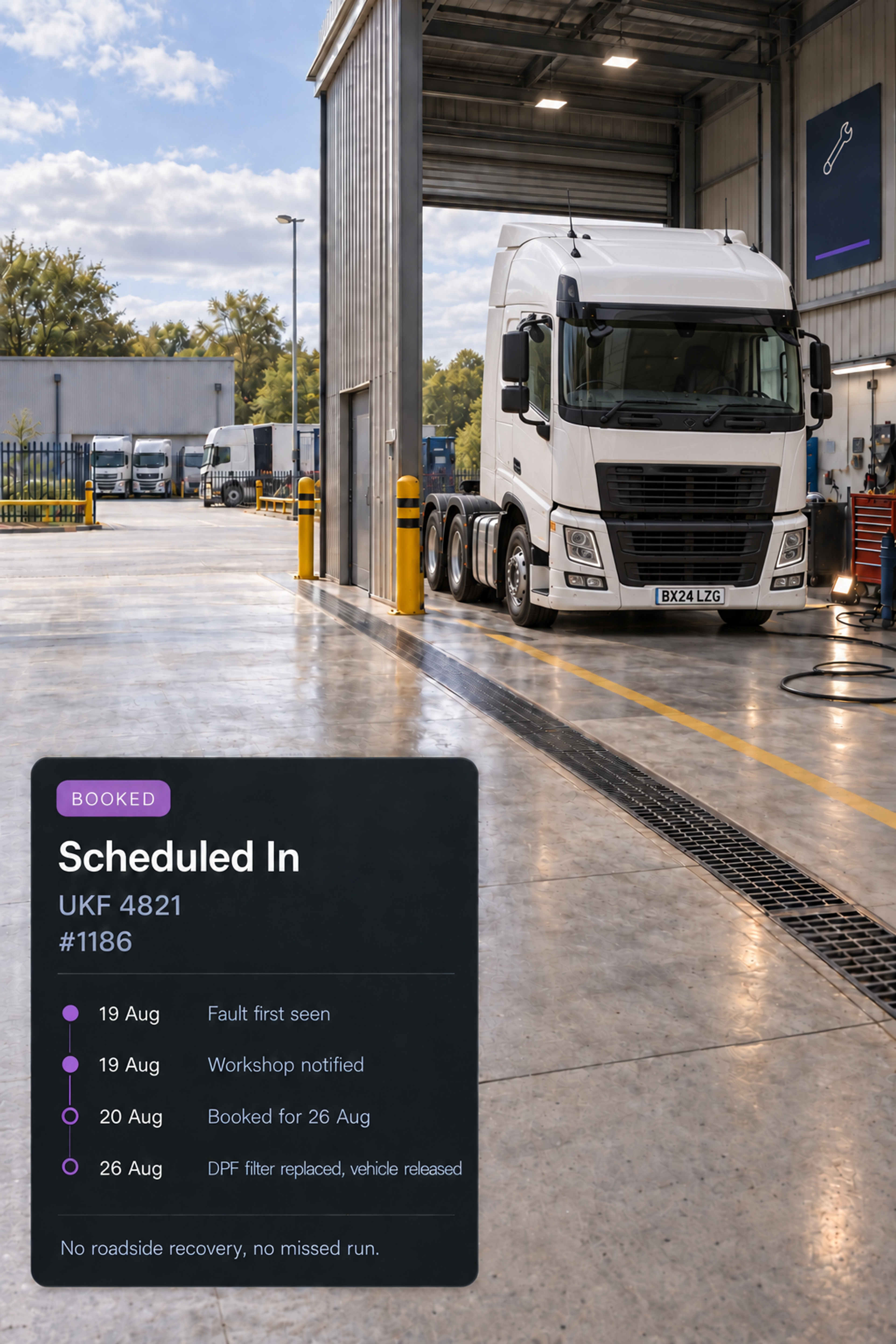 Photograph: a technician with a tablet beside a truck in a workshop bay. Portrait 3:4, dark and cool, room at the top for a heading, no text in the artwork.