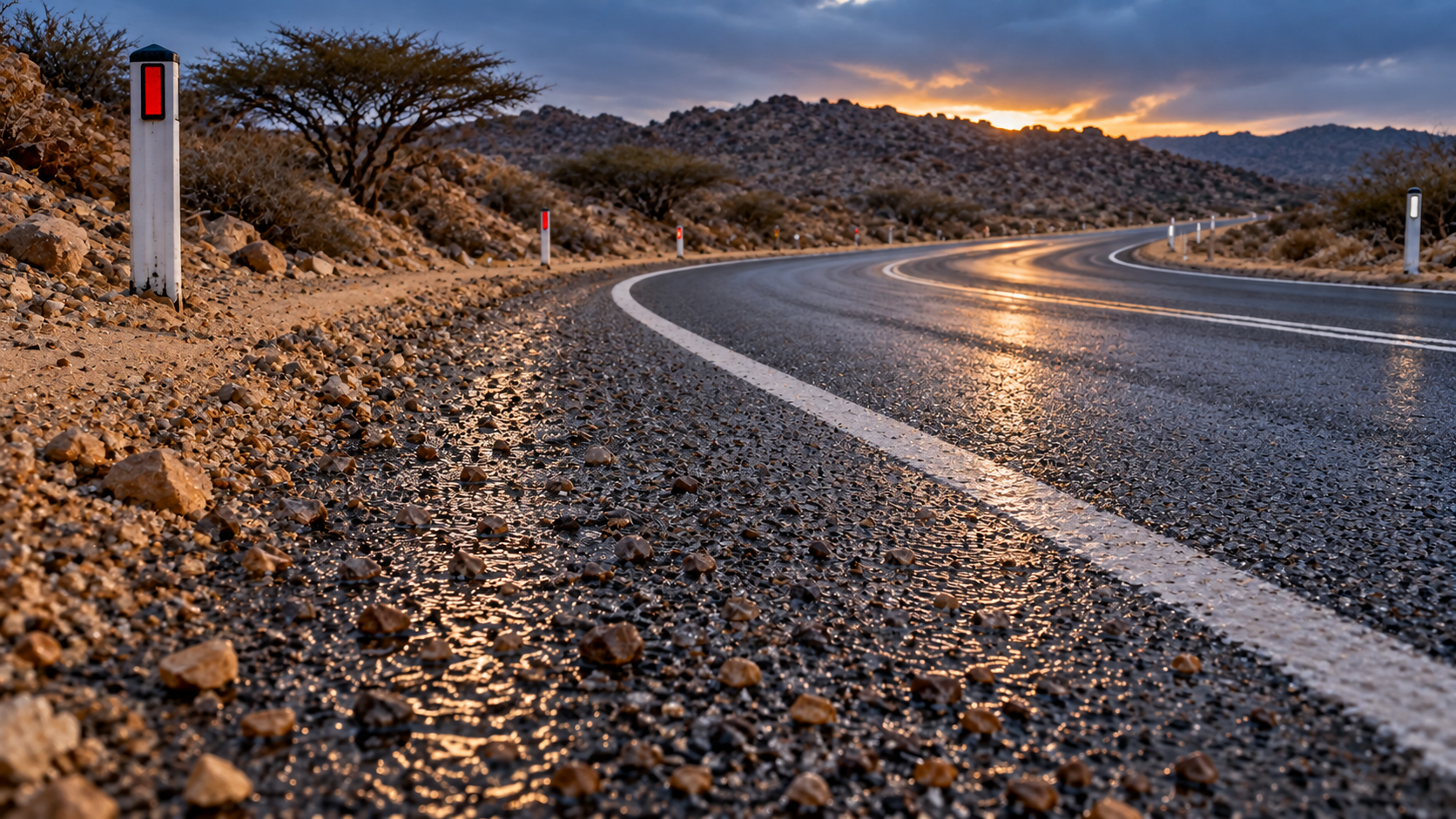 Editorial image: a treated road at dawn in winter. No text in the artwork.