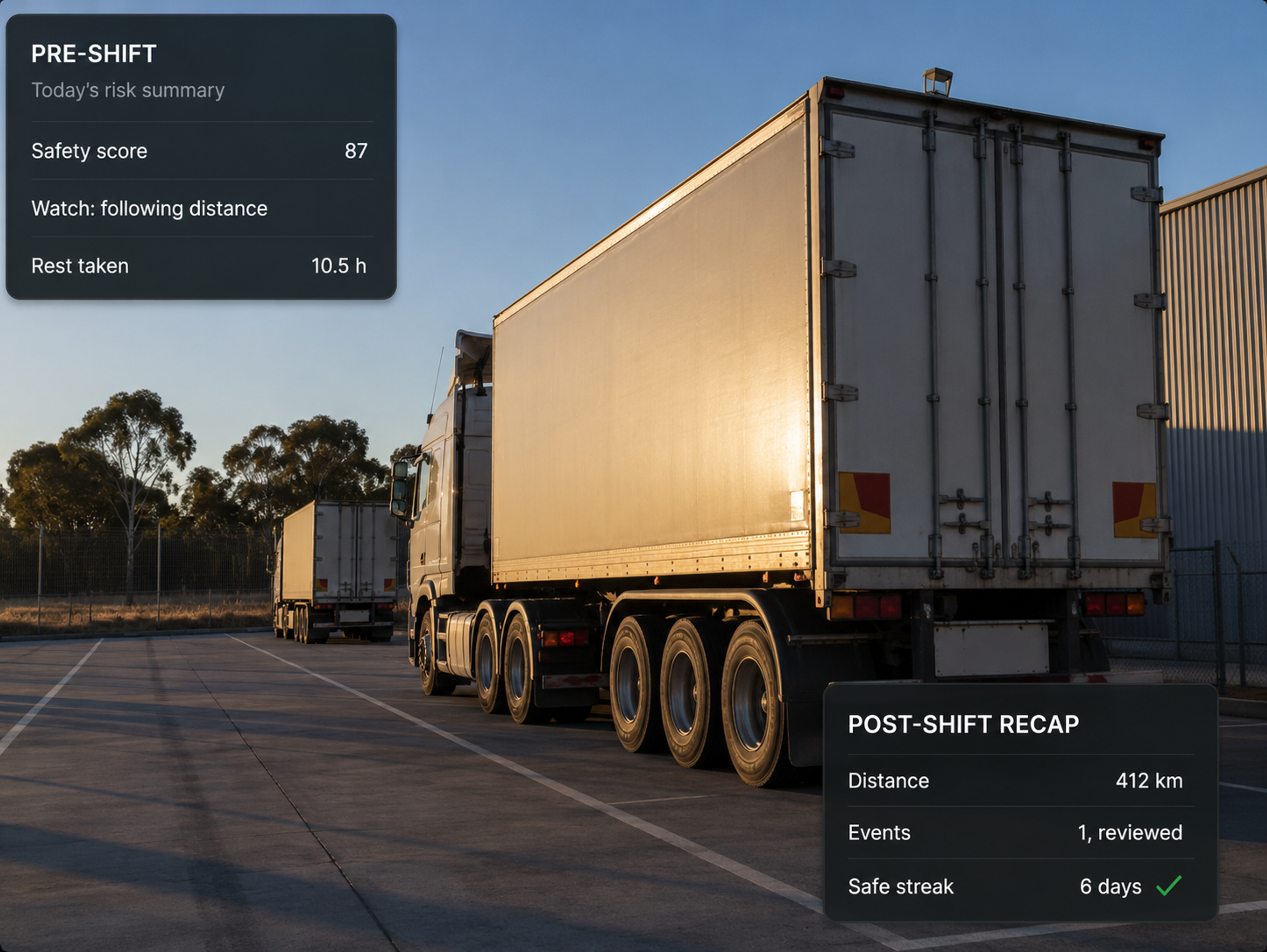 Driver app on a handset: the pre-shift risk summary and safety score, with the post-shift recap below it.