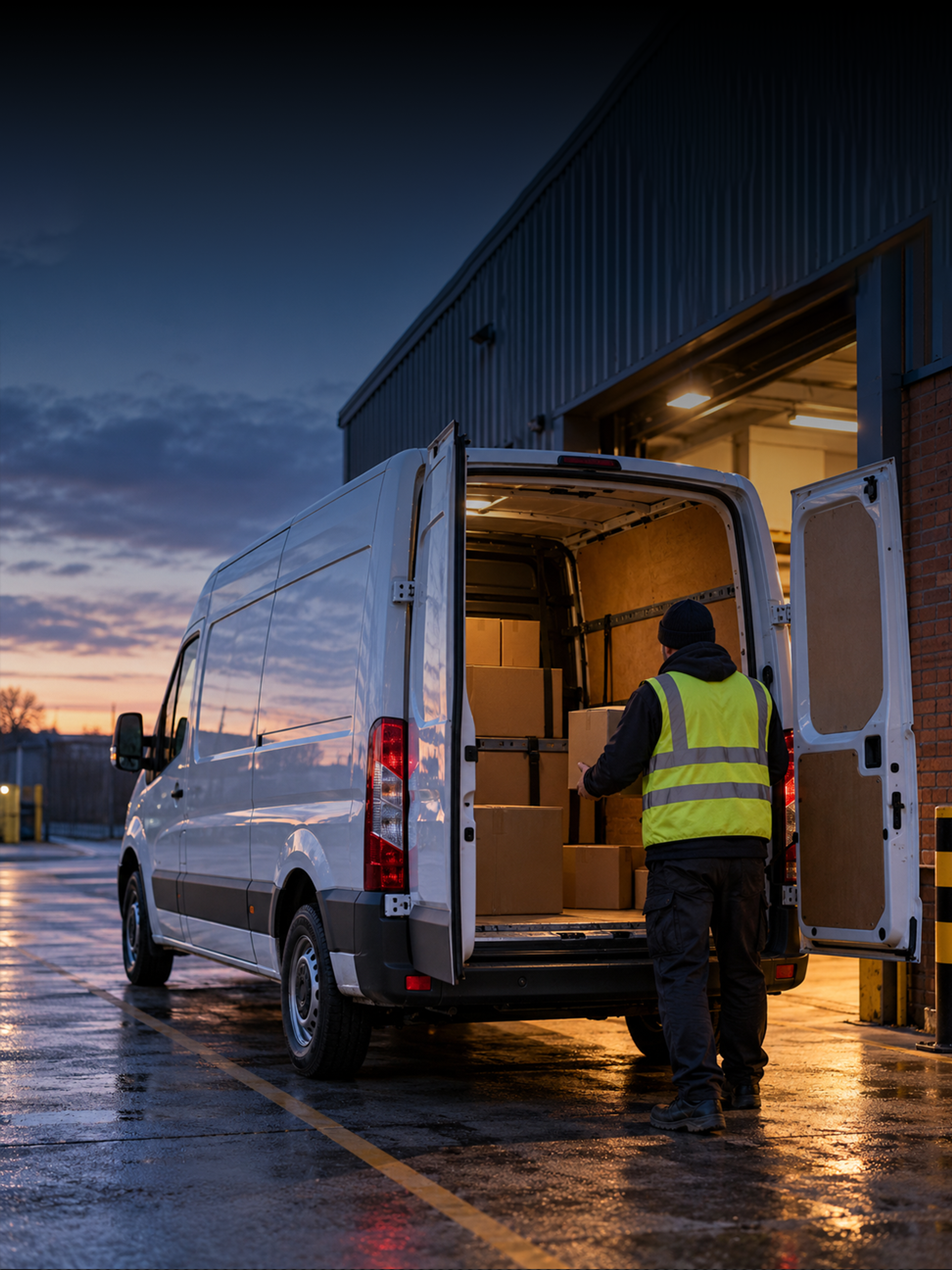 Photograph: vans being loaded at a UK depot in early light. Portrait 3:4, cool tones, room at the top for a heading, no text in the artwork.