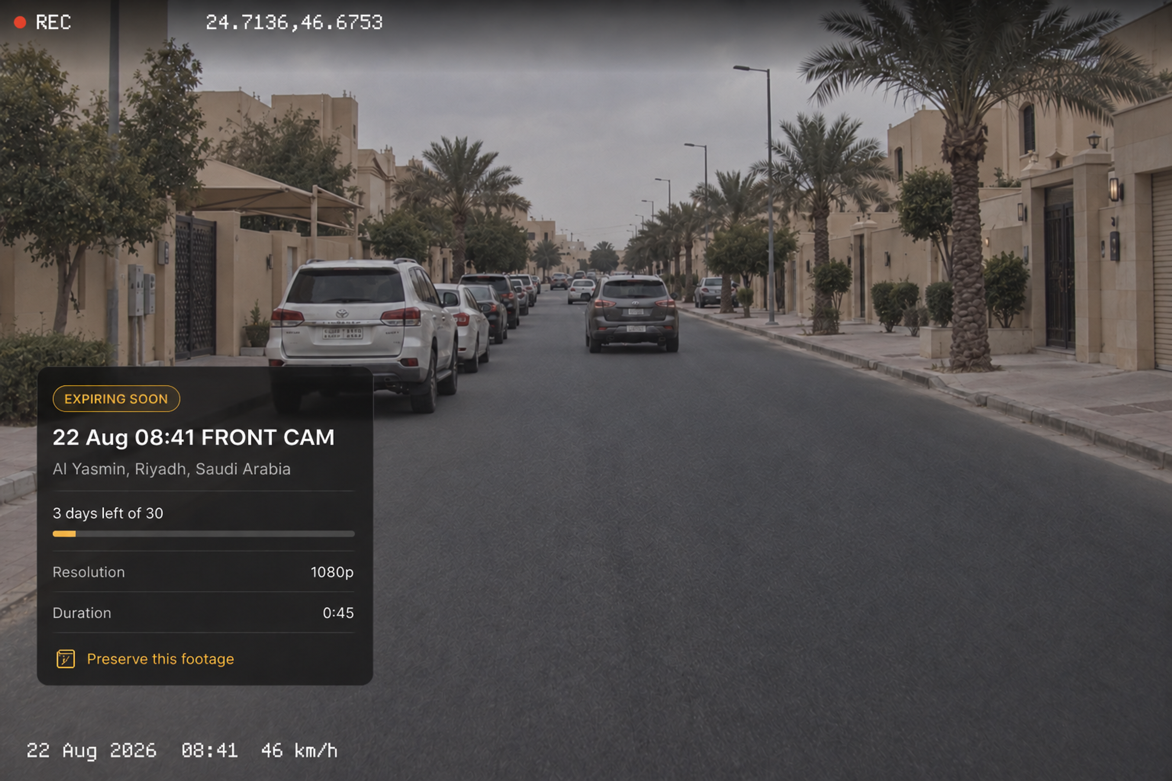 The expiring-soon state on a result, with the retention indicator and the preserve action. 4:3, dark UI.