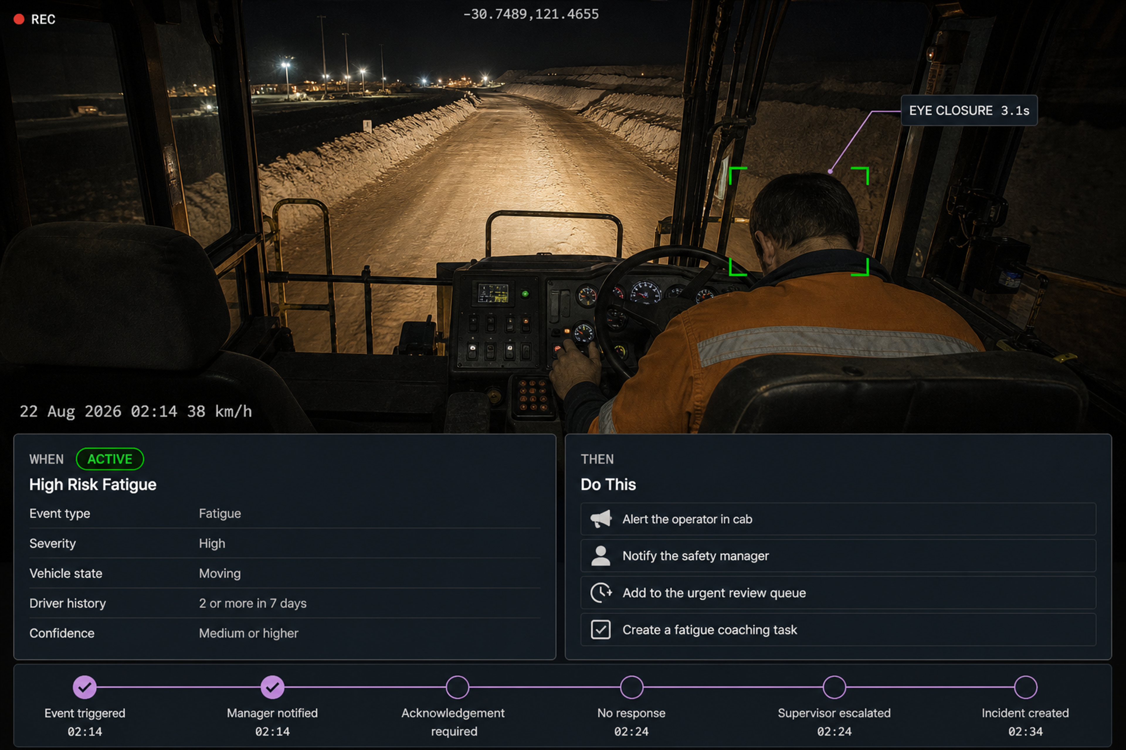 Vision360 rule builder: an active high-risk fatigue rule with its WHEN conditions on the left and THEN actions on the right, beside the escalation path timeline running from event triggered through to incident created. 4:3, dark UI, 2000x1500.