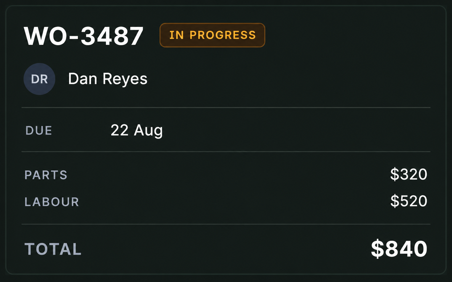 Drive360 work order WO-3487: status in progress, assigned technician and due date, with a repair photo