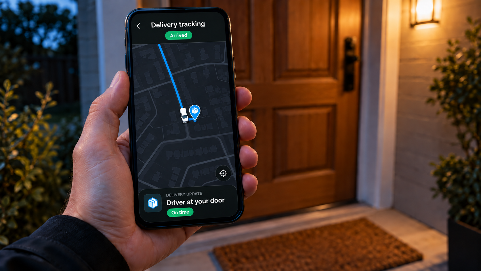 Editorial image: a handset showing a live map, held at a doorstep. No text in the artwork.