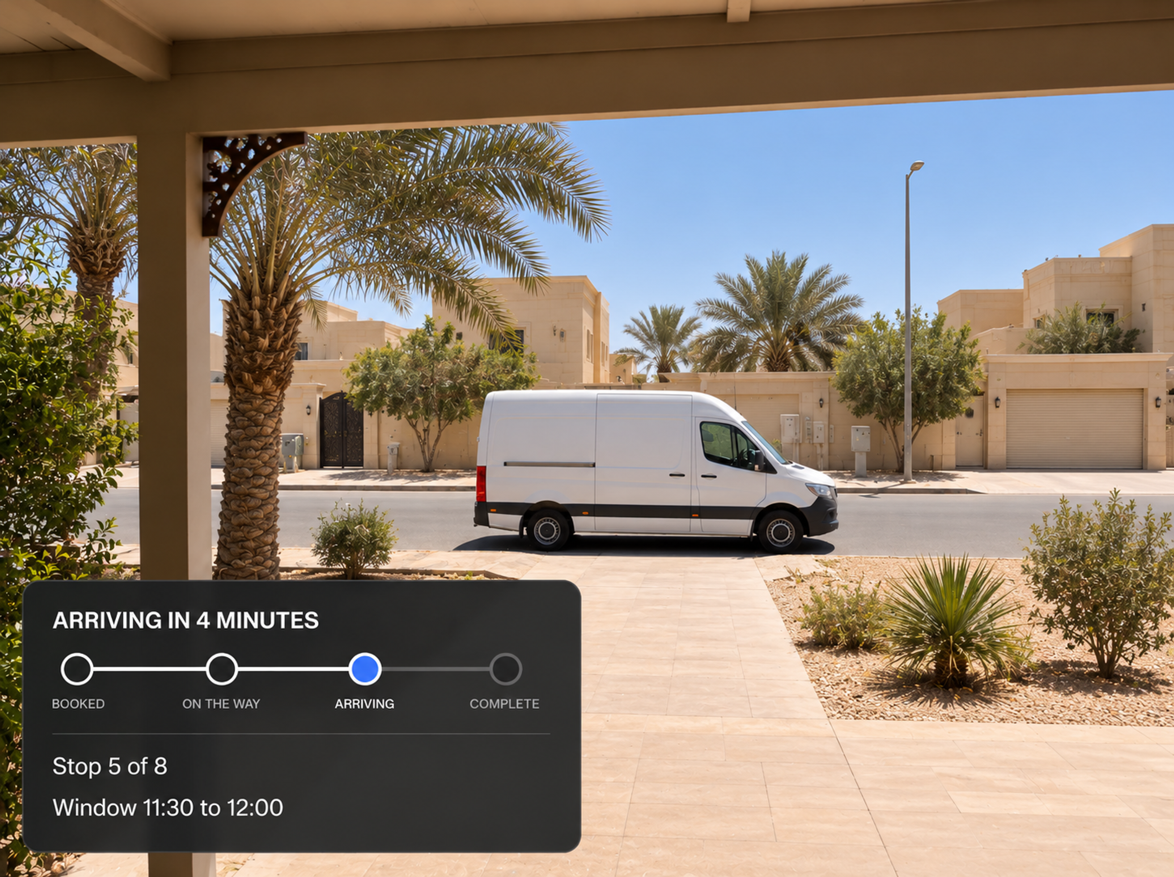 The customer's tracking page on a handset: the service status, the live map and the step timeline.