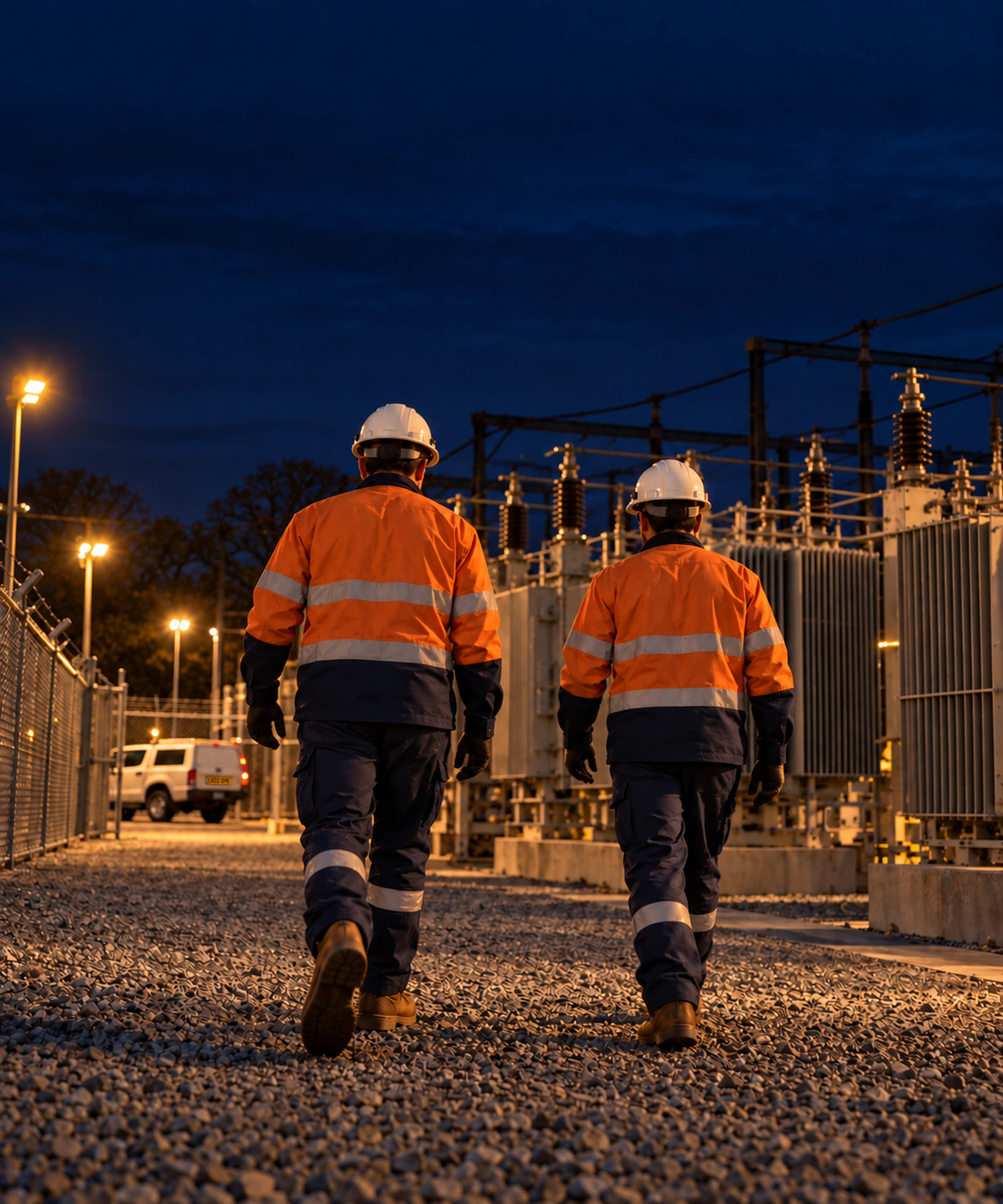 Photograph: a utility crew at a substation at dusk. Dark and cool, room at the top, no text in the artwork.