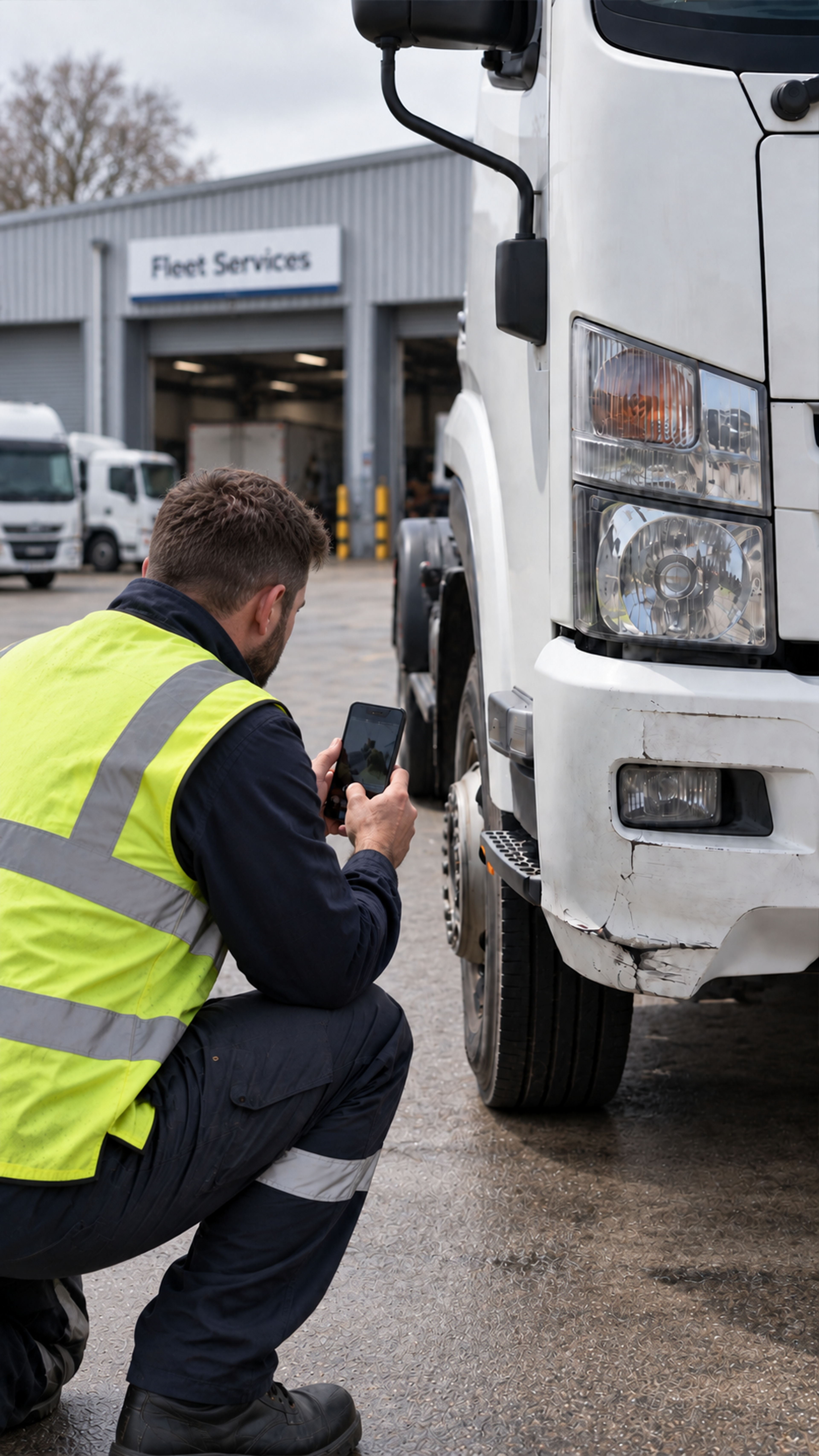 Drive360 app: defect reported, front brake pads worn, with a photo and priority set to high