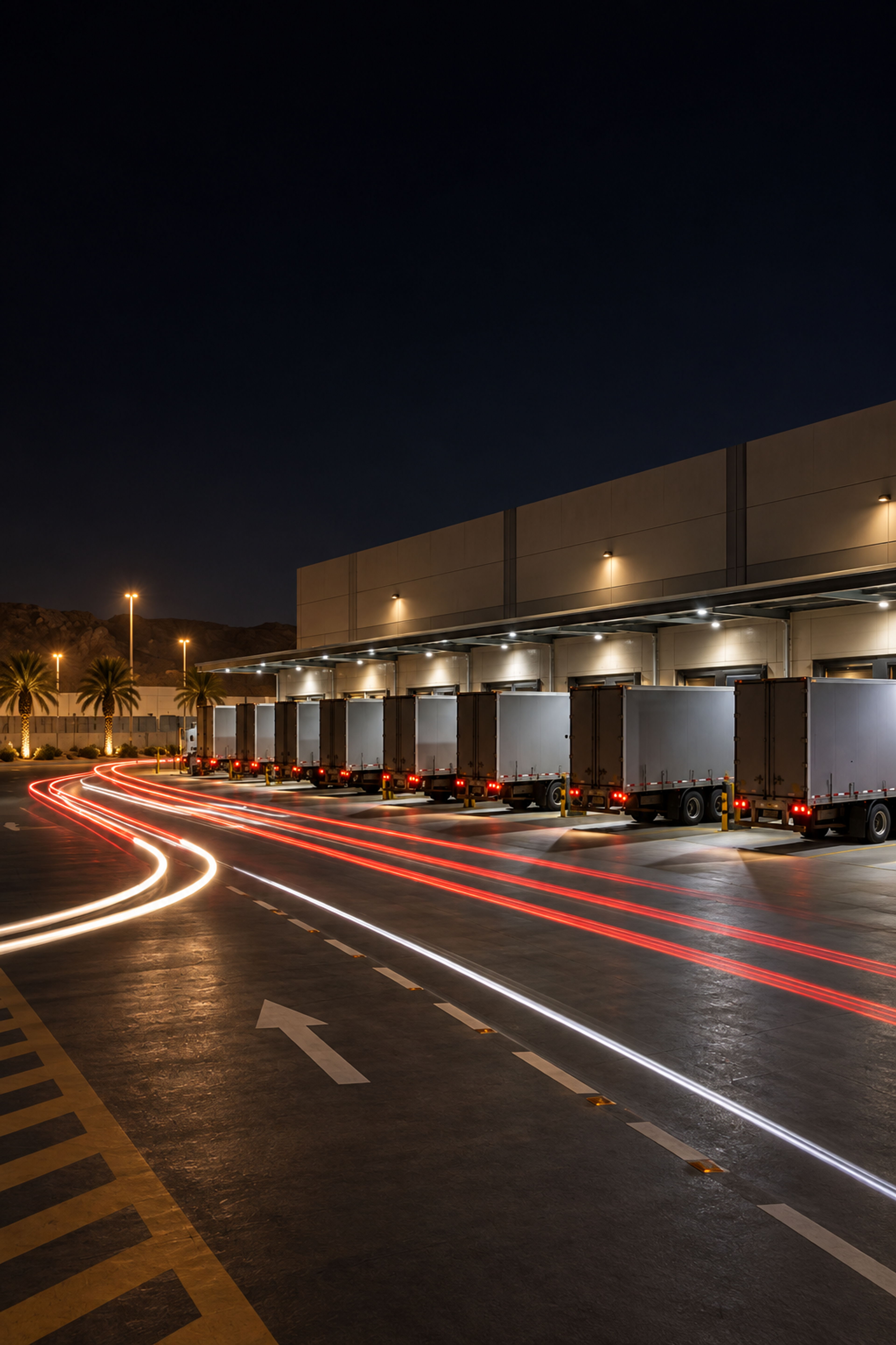 Photograph: a depot at night with vehicles and light trails. Dark and cool, room at the top, no text in the artwork.