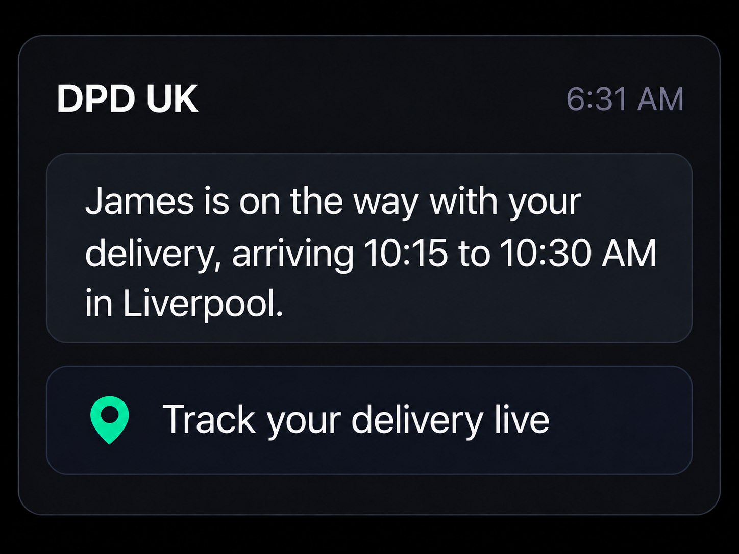 Driver on the way message with tracking link. 4:3.