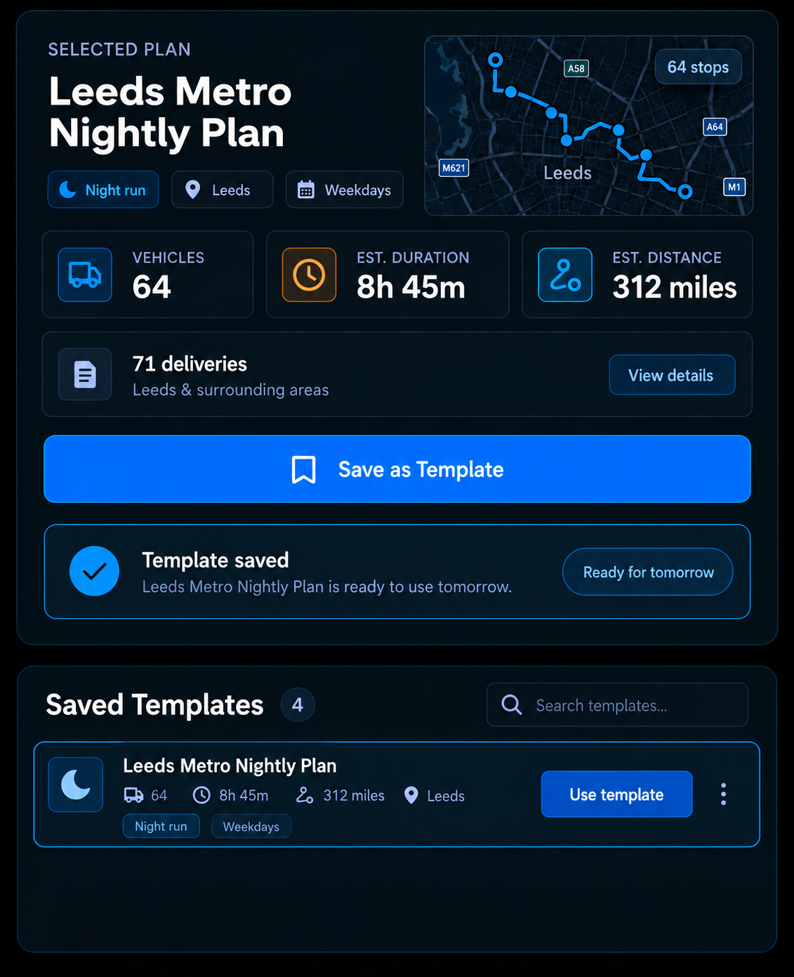 Save as template action on a finished plan. 4:3, dark UI.