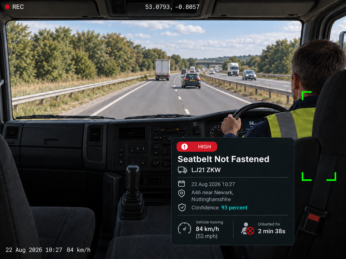 Vision360 seatbelt event review: the seatbelt event header, in-cab video with the driver framed and a seatbelt-not-fastened callout, the detected behaviour and confidence panel, the event details list, and the ten seconds before and after strip. 4:3, dark UI, 2000x1500.