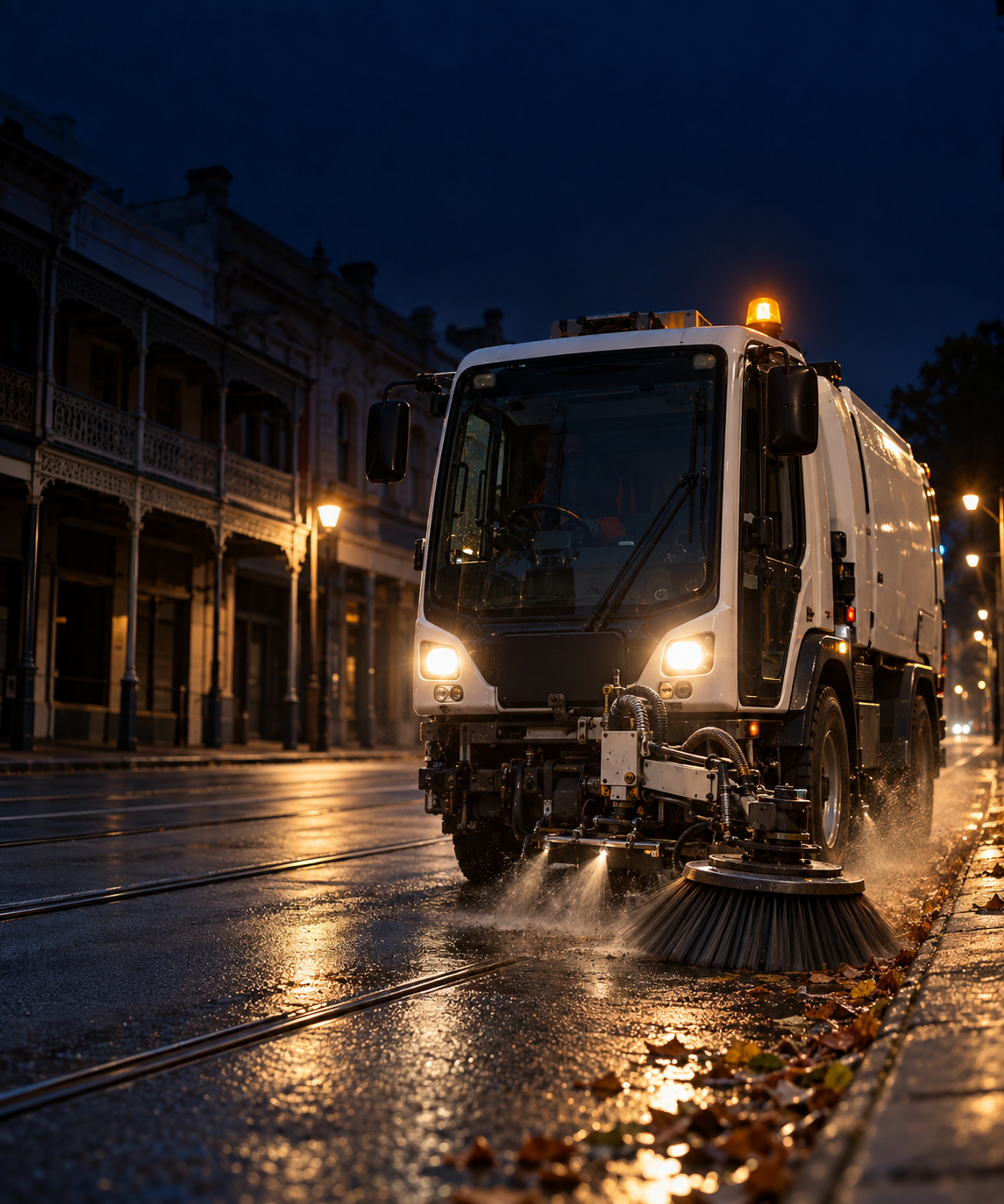 Photograph: a street sweeper on a city street at first light. Dark and cool, room at the top, no text in the artwork.