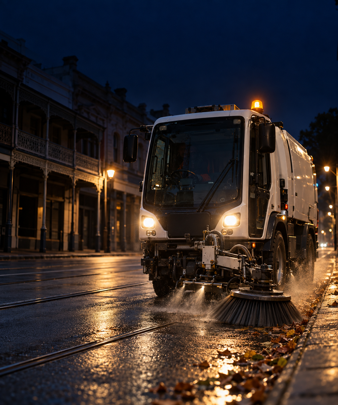 Photograph: a street sweeper on a city street at first light. Dark and cool, room at the top, no text in the artwork.