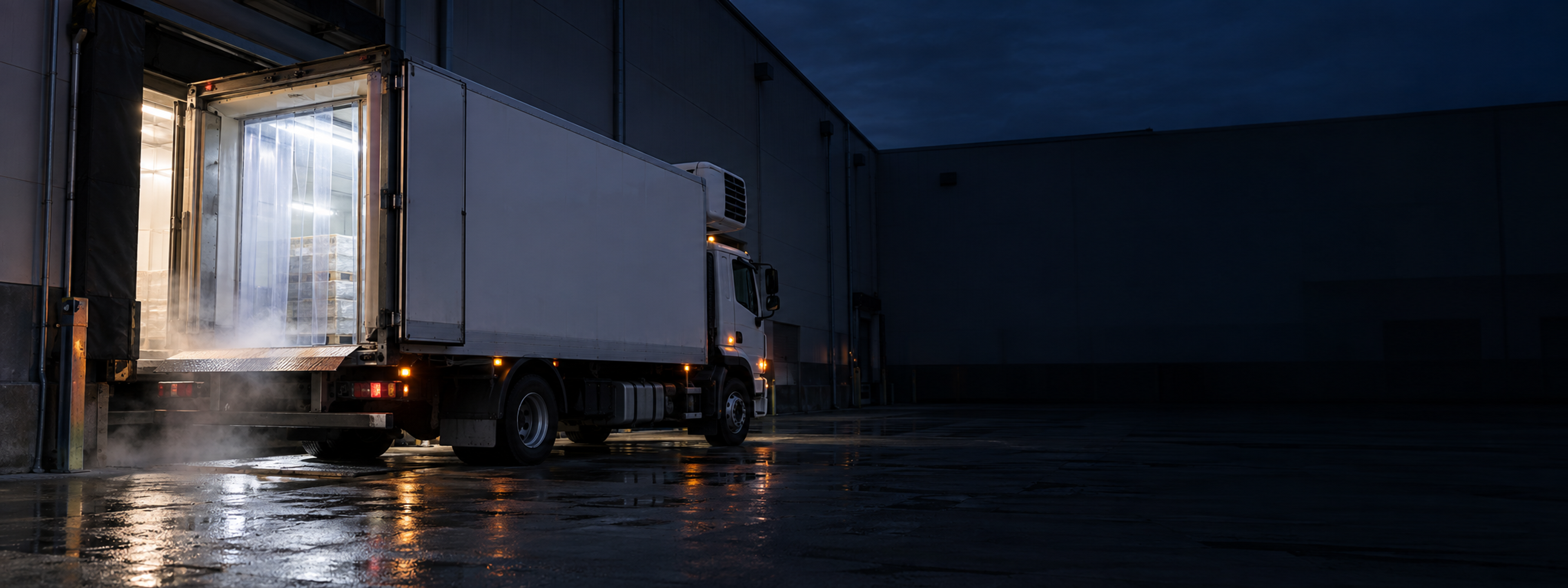 A refrigerated rigid at a distribution dock in early light, doors toward the bay. No visible manufacturer badge and no livery text. Dark and cool enough for a panel to sit over the right third. No text in the artwork. 2400x900.