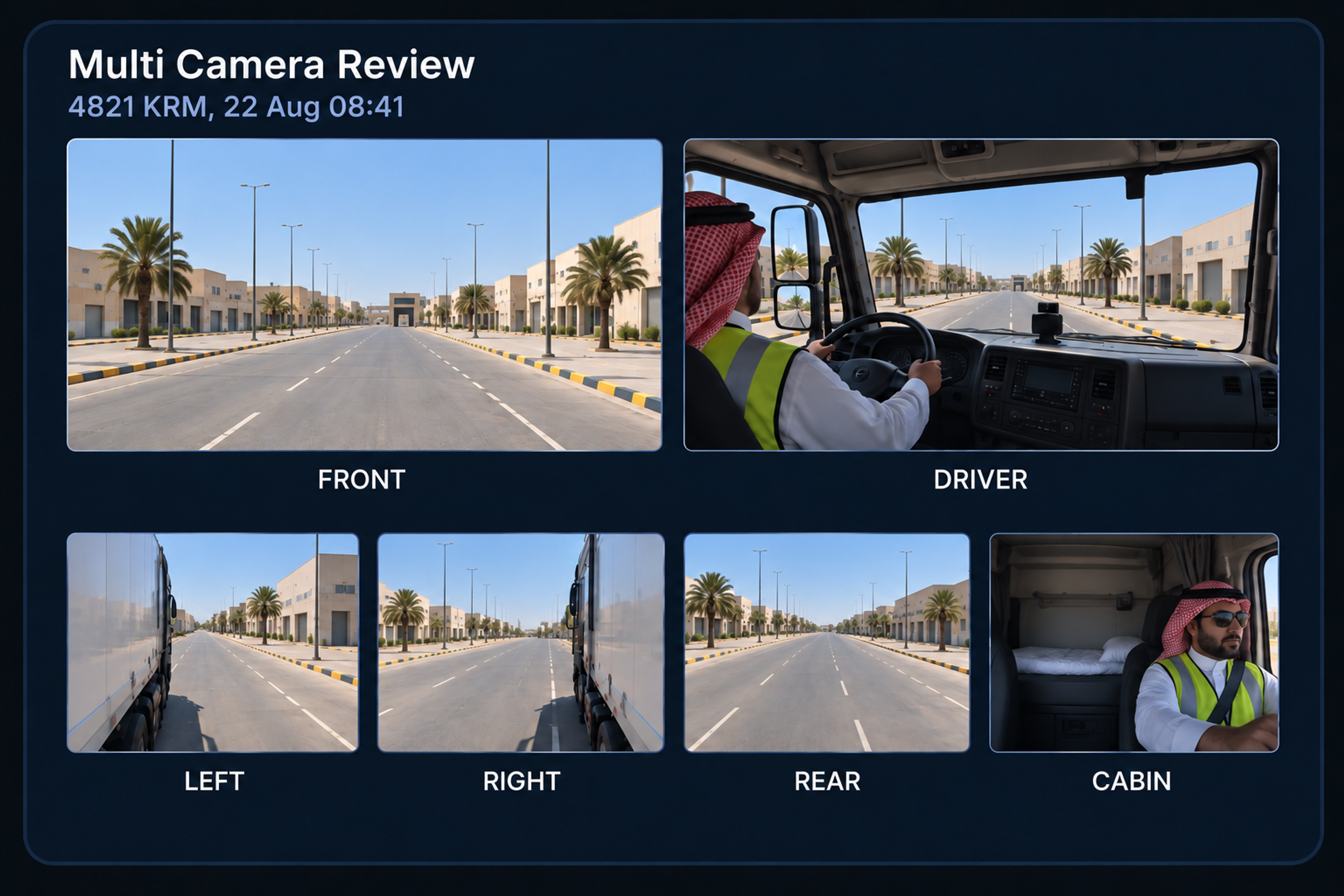 The review panel with six camera views selected, the primary front and driver views large and the remaining four below. 4:3, dark UI.