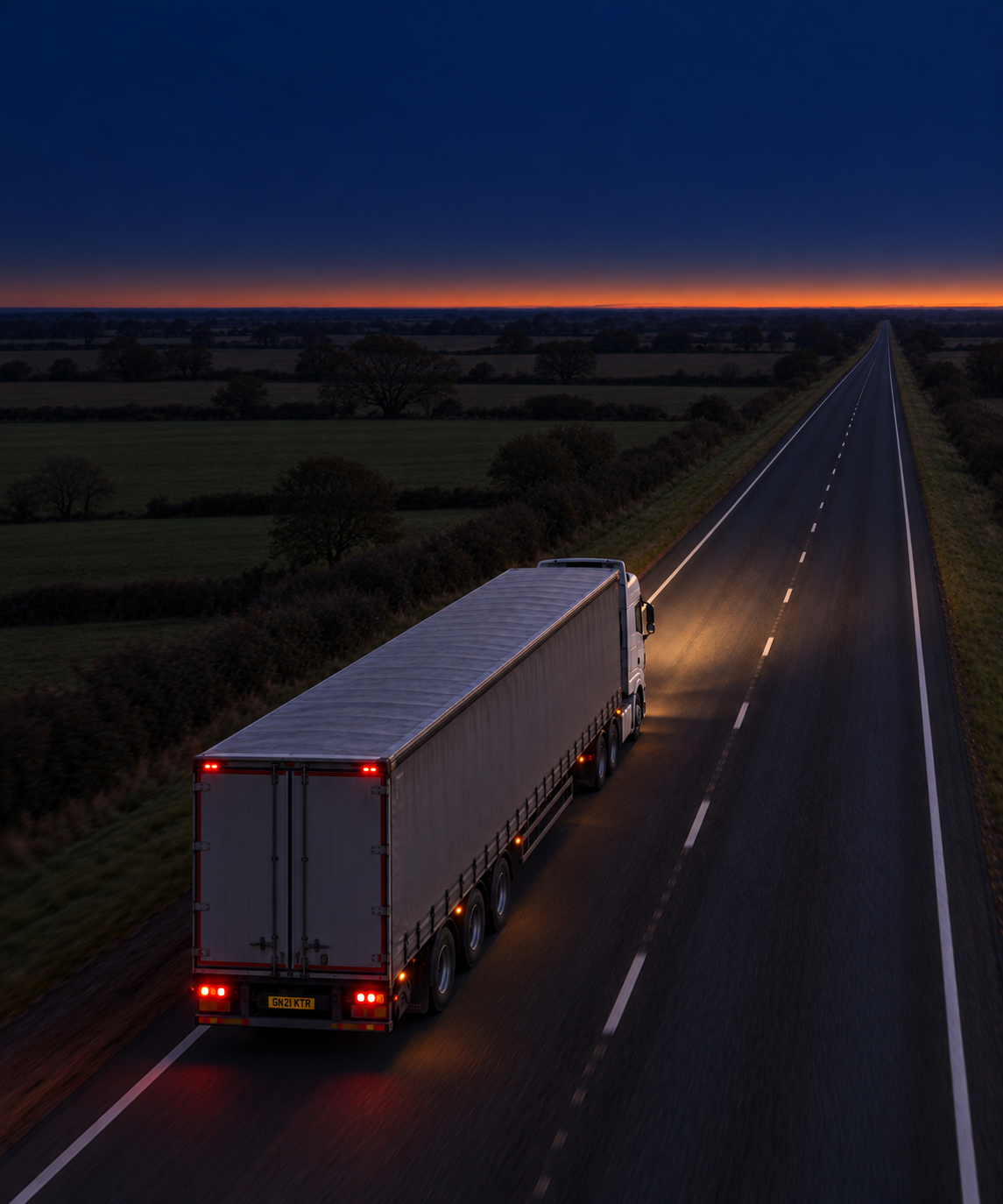Photograph: a line-haul semi on an open highway at dusk, shot from height. Dark and cool, room at the top, no text in the artwork.