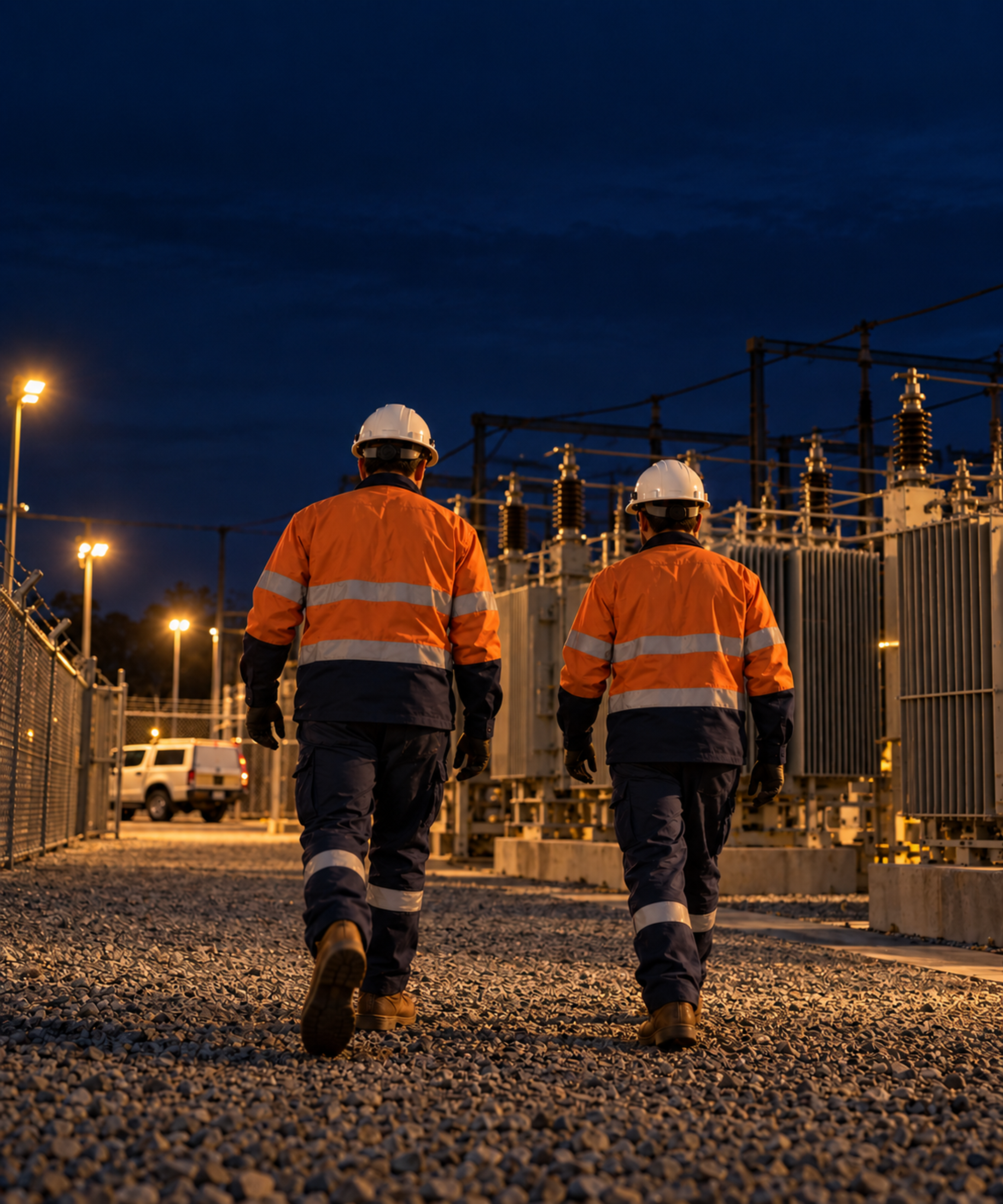 Photograph: a utility crew at a substation at dusk. Dark and cool, room at the top, no text in the artwork.