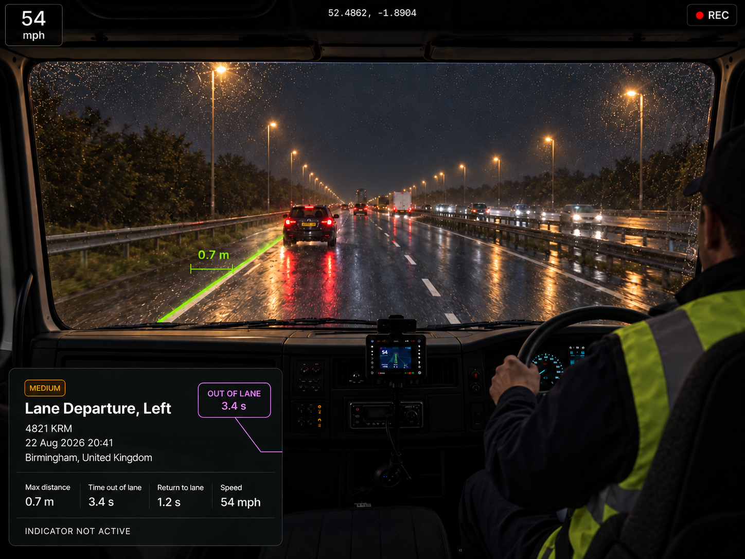 Vision360 lane departure event review: road-facing video with the lane boundary highlighted and a left lane departure overlay, the metric row for max distance from lane, time out of lane, speed, direction and return to lane, the five seconds either side strip, the data quality row, and the event summary. 4:3, dark UI, 2000x1500.