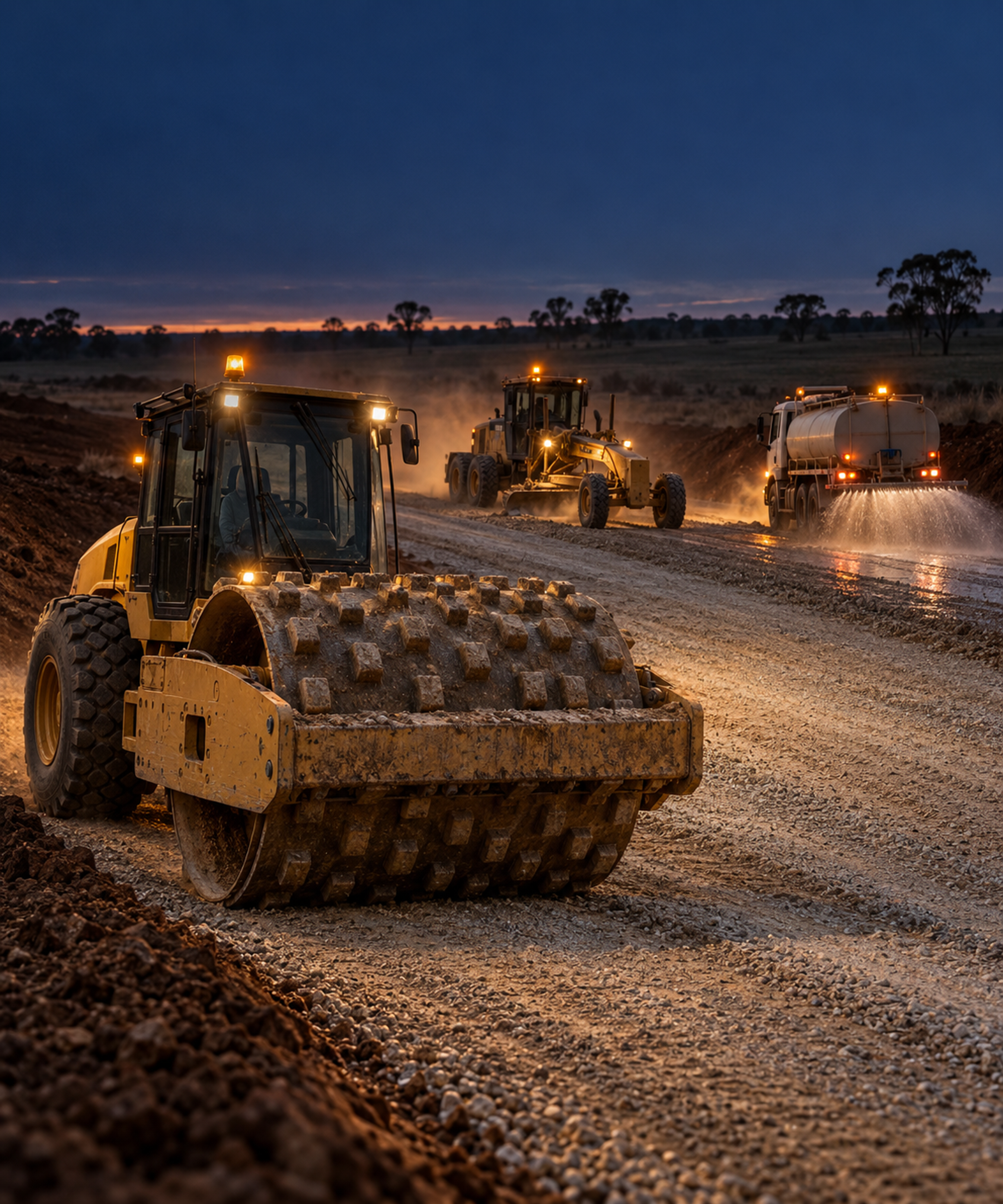 Photograph: an earthworks site at dusk with plant working. Dark and cool, room at the top, no text in the artwork.