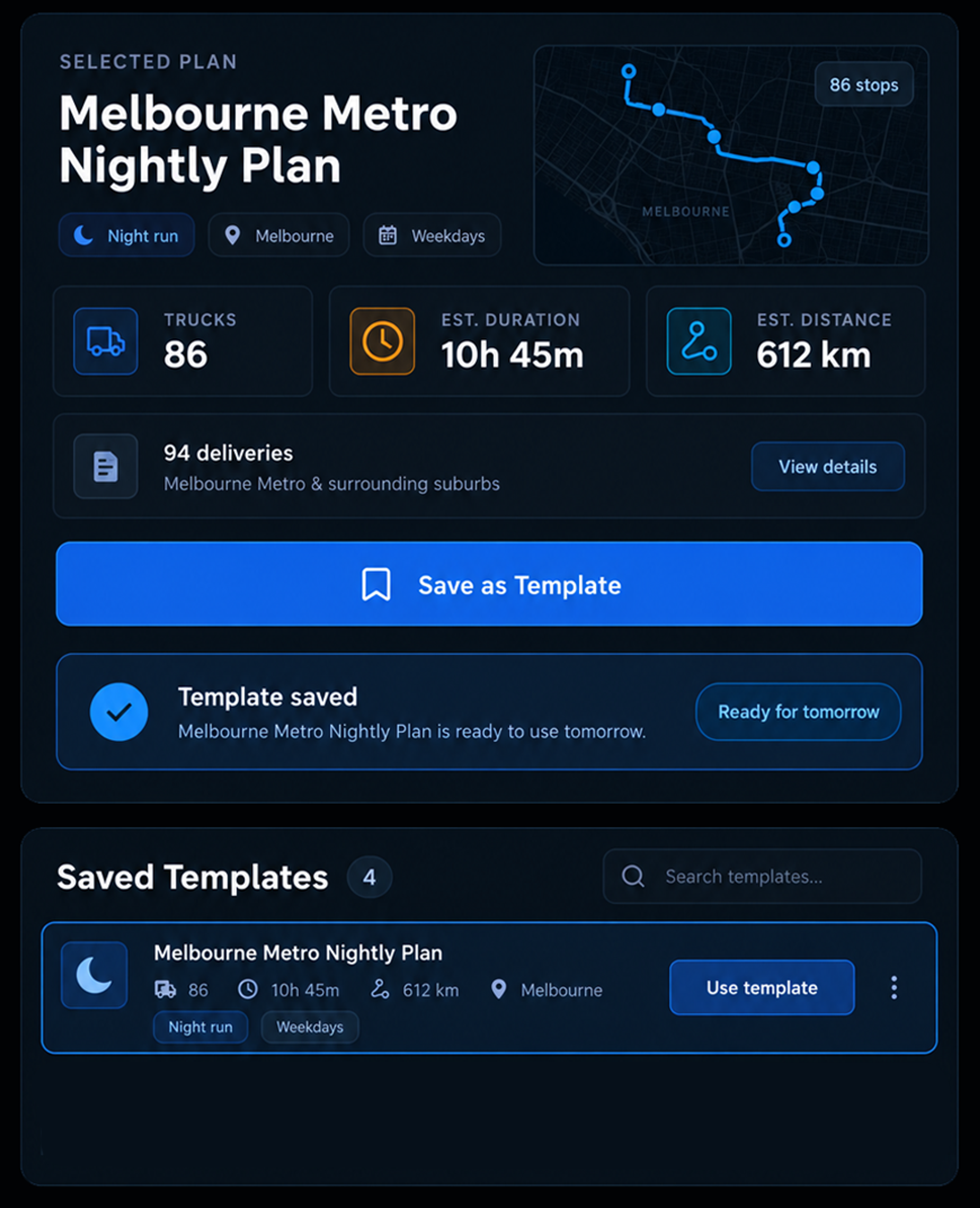 Save as template action on a finished plan. 4:3, dark UI.