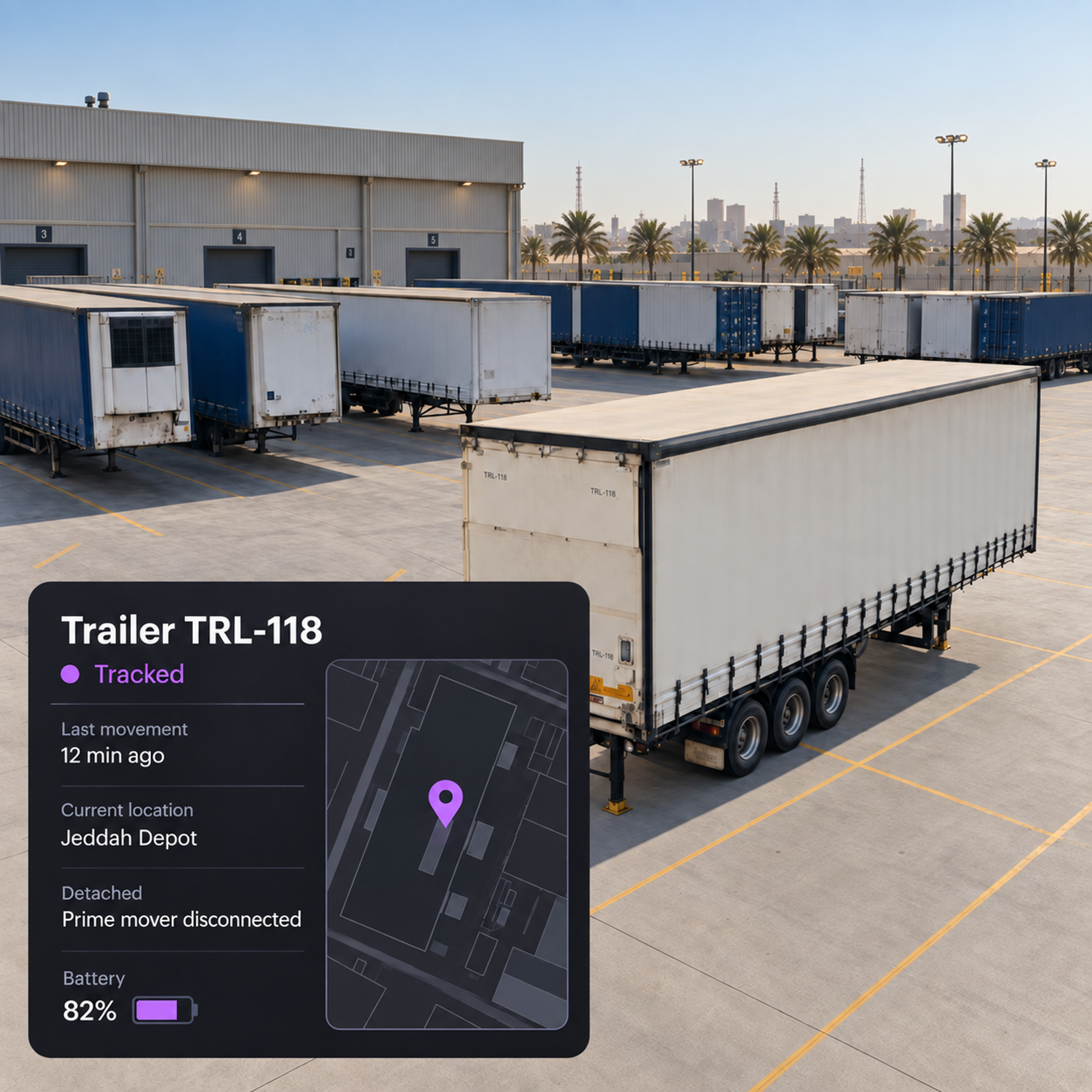 Photograph: a row of trailers in a distribution yard at first light. Portrait 3:4, dark and cool, room at the top for a heading, no text in the artwork.