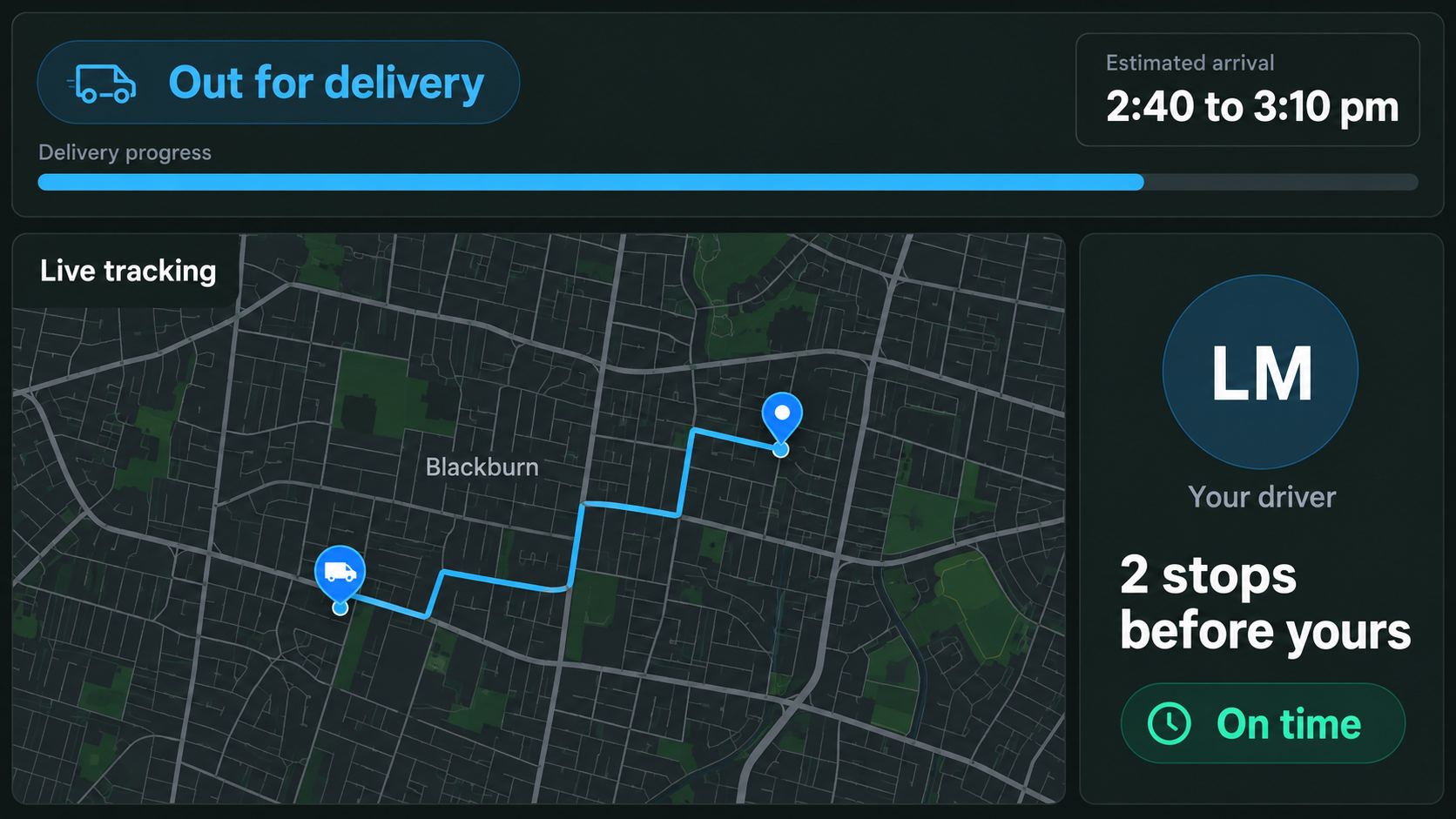 Customer tracking view on a handset: live map, ETA and delivery status.