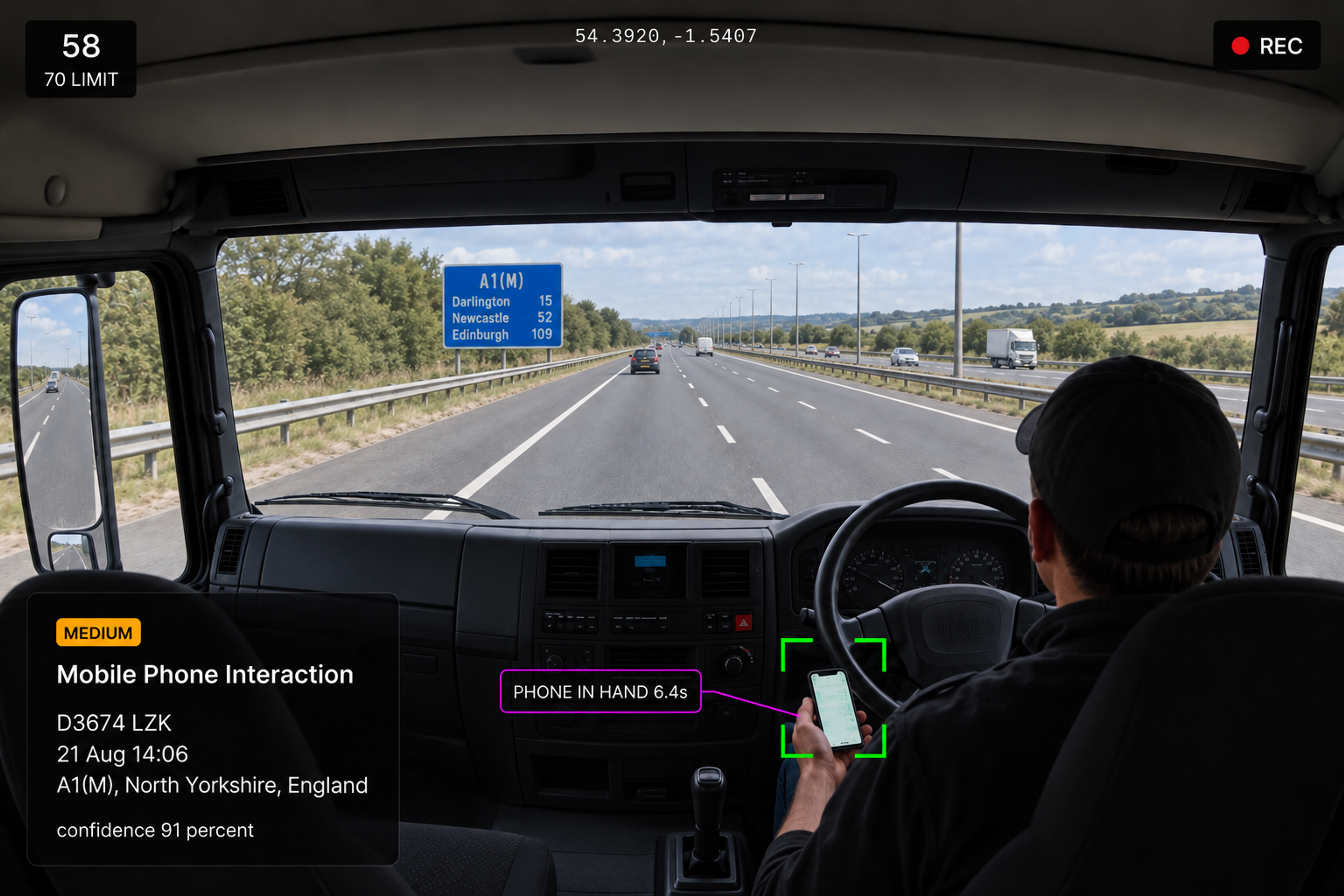 Vision360 distraction event review: the distraction event header with phone use detected, the in-cab video with the driver's face boxed, the detected behaviour and confidence panel, the event details list, and the ten seconds before and after strip. 4:3, dark UI, 2000x1500.